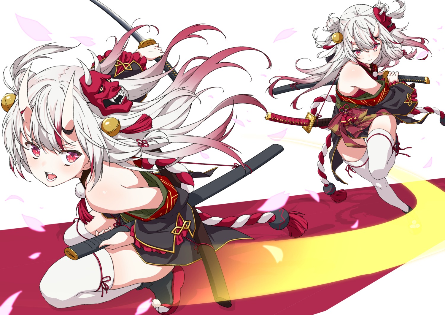 asanaya hololive horns japanese_clothes nakiri_ayame no_bra skirt_lift sword thighhighs