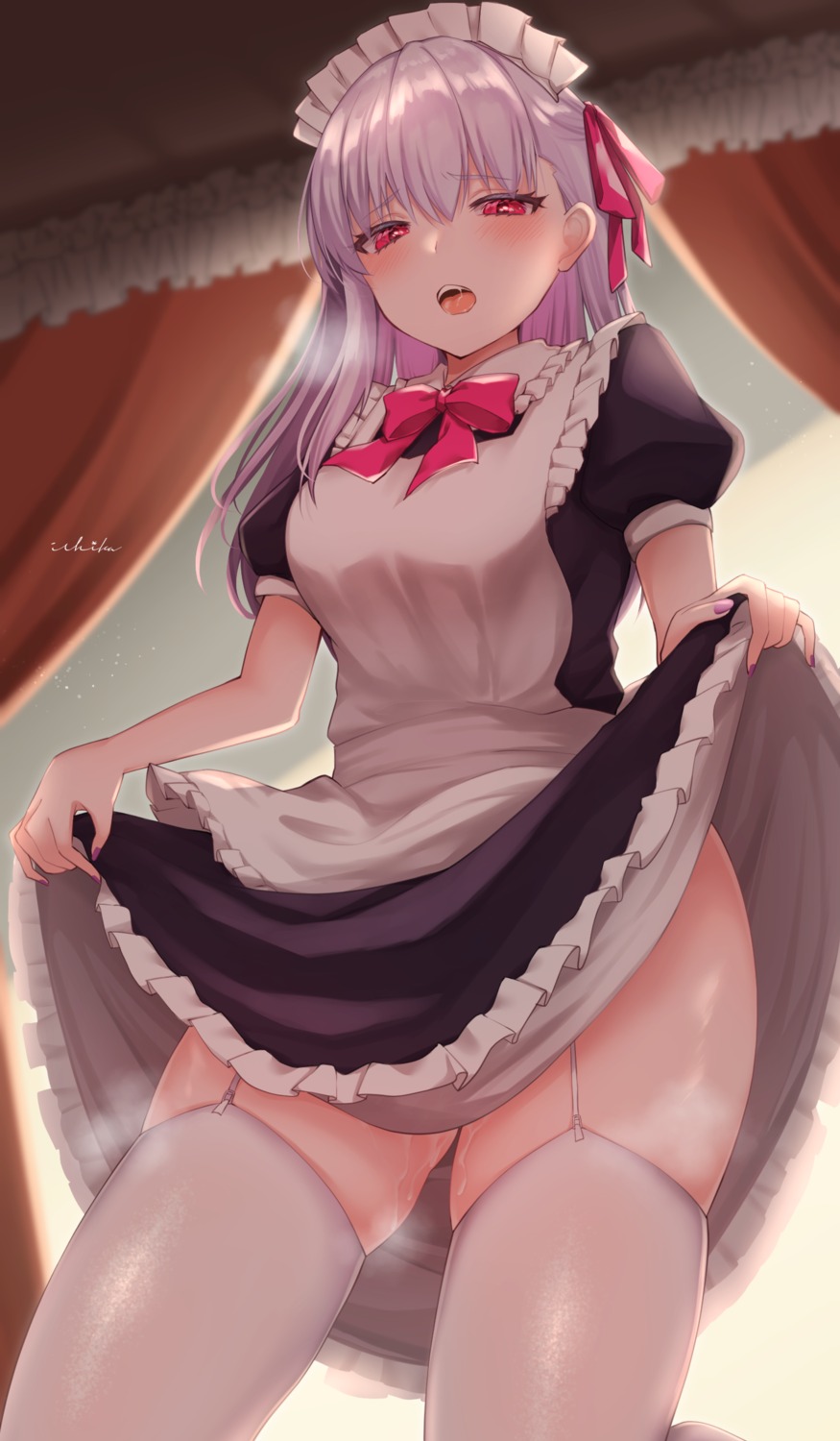 fate/grand_order ichi_kq kama_(fate/grand_order) maid pussy_juice skirt_lift stockings thighhighs