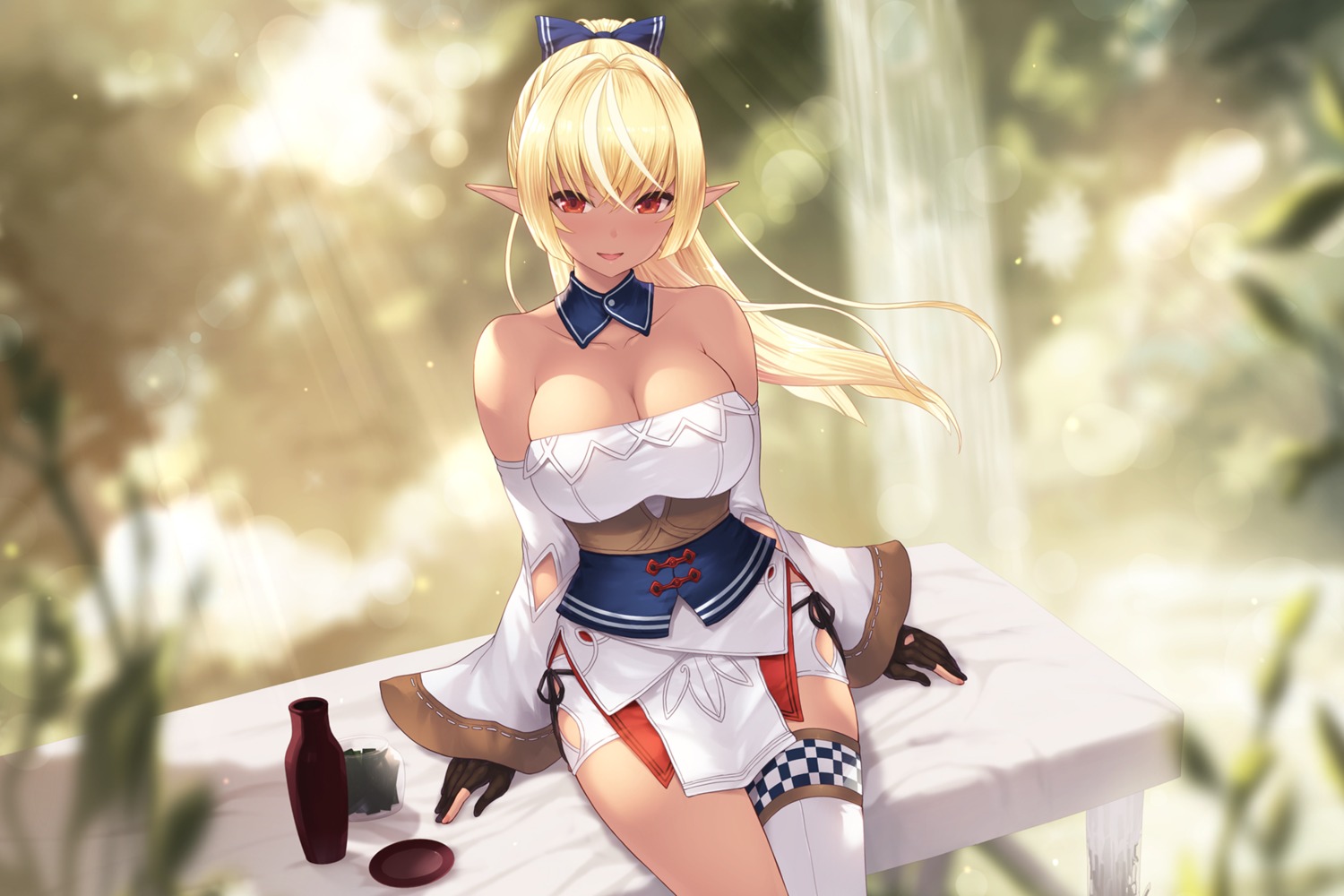 cait cleavage elf hololive japanese_clothes no_bra pantsu pointy_ears sake shiranui_flare string_panties thighhighs