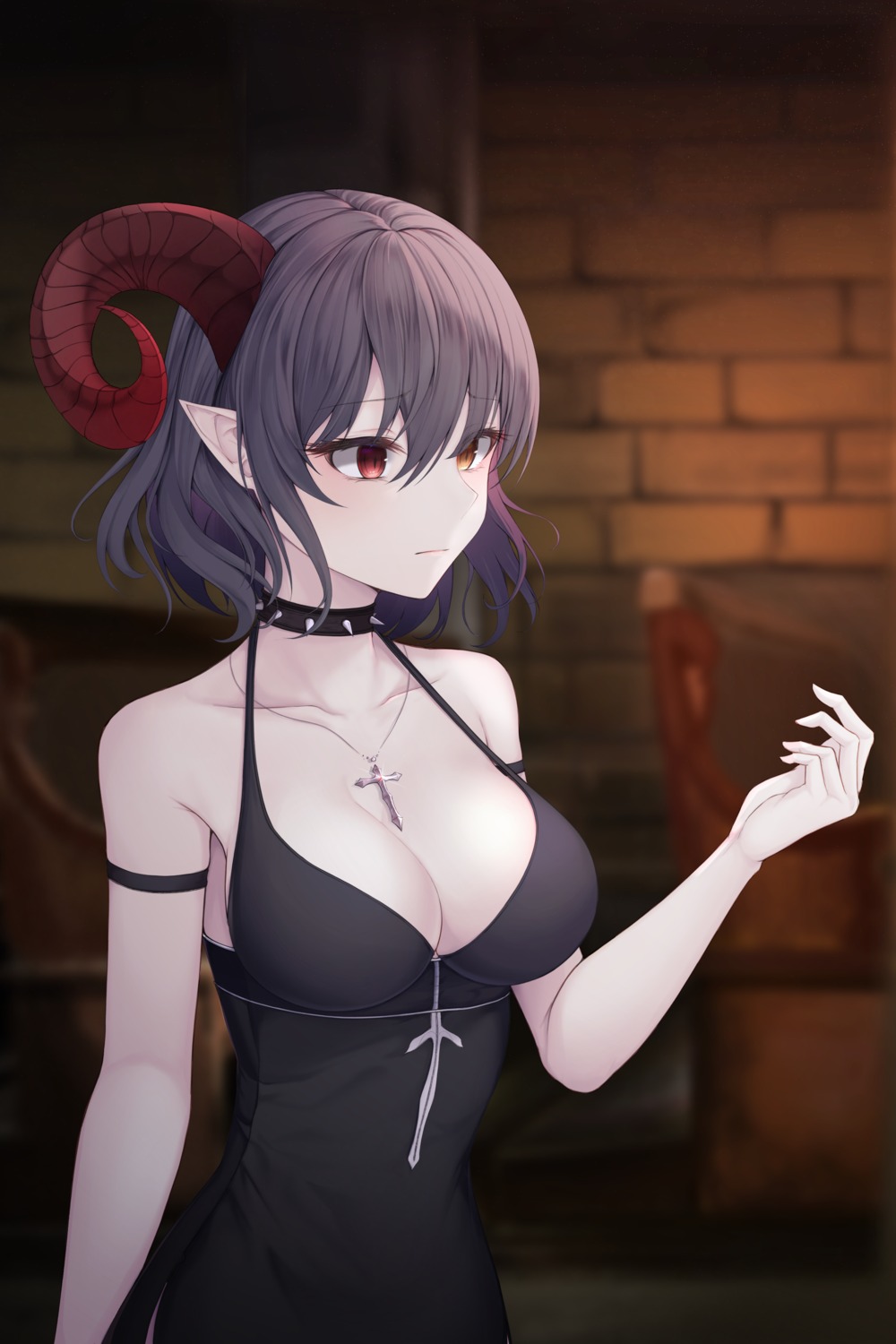 cleavage dress g_home horns no_bra pointy_ears