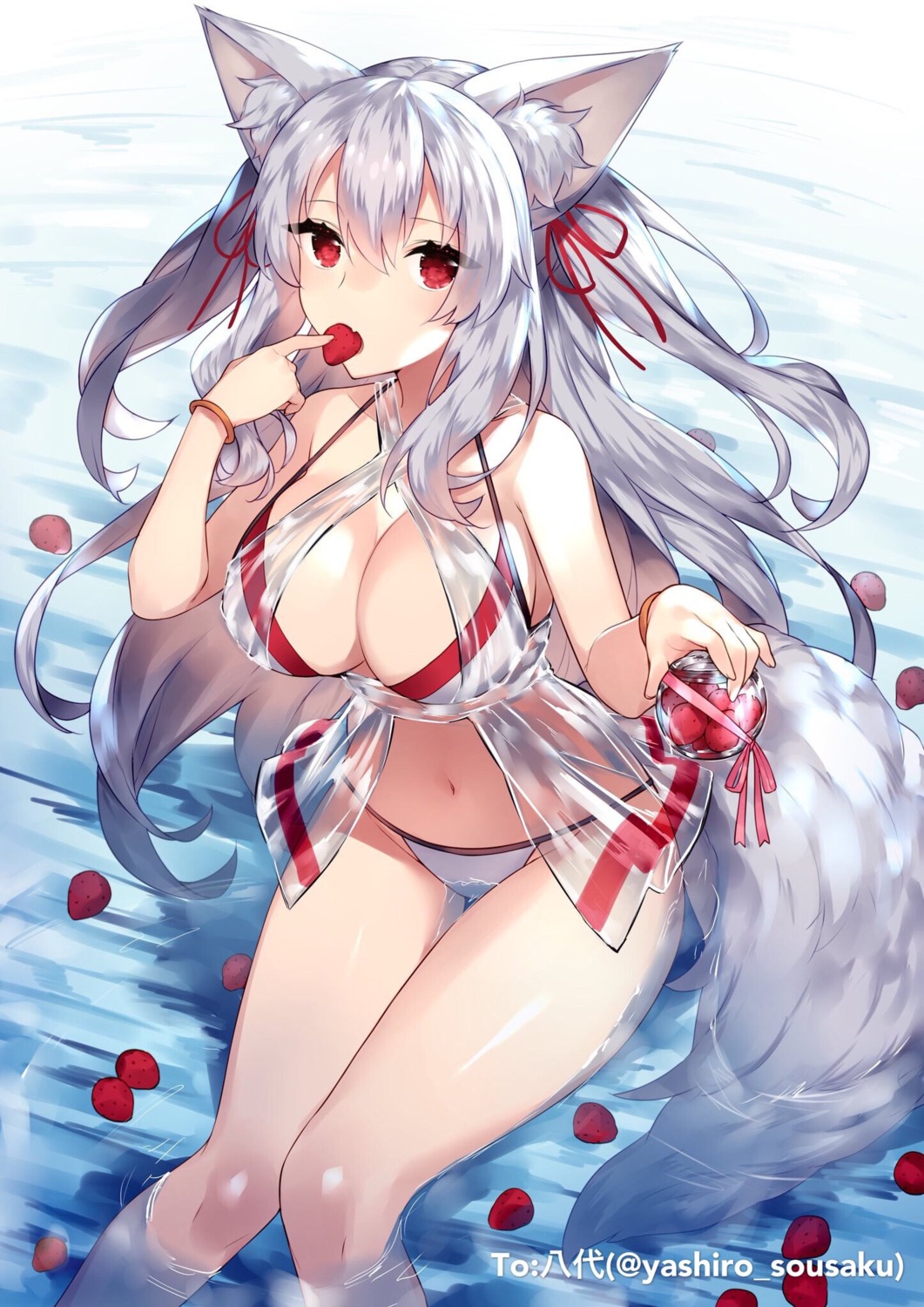 animal_ears bikini cleavage karin_(yashiro_sousaku) see_through sora_72-iro swimsuits tail wet