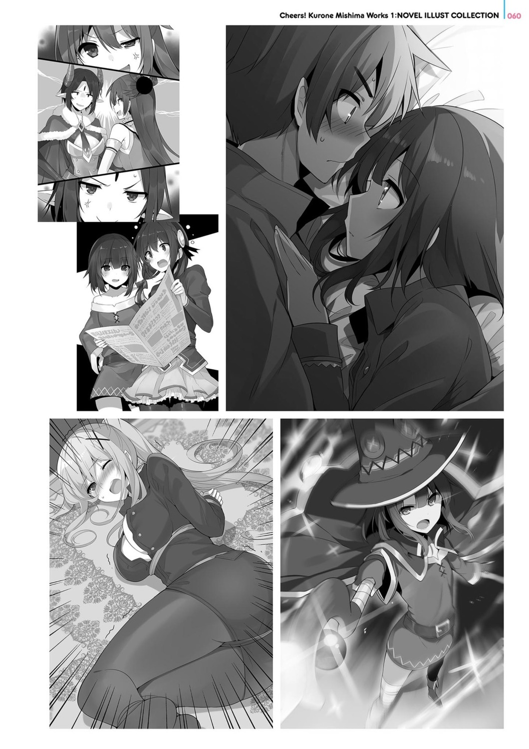 bandages bondage cleavage digital_version dress horns kono_subarashii_sekai_ni_shukufuku_wo! mishima_kurone monochrome no_bra open_shirt pantyhose pointy_ears weapon witch