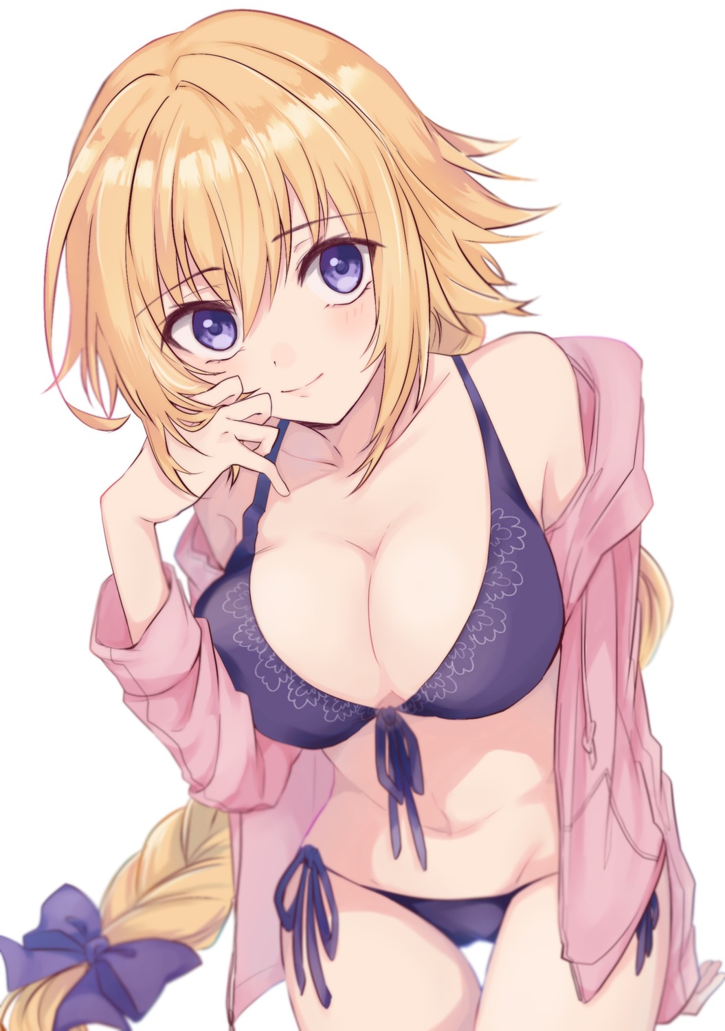 akym bikini breast_hold cleavage fate/extella fate/grand_order jeanne_d'arc jeanne_d'arc_(fate) open_shirt swimsuits