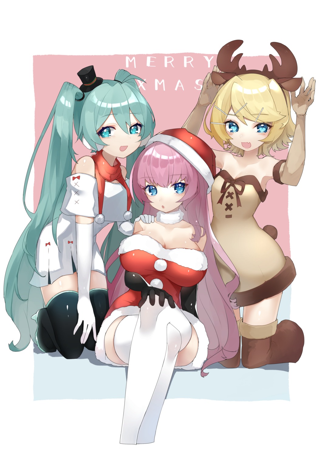 animal_ears christmas cleavage dress hatsune_miku horns kagamine_rin megurine_luka no_bra reirou_(chokoonnpu) tail thighhighs vocaloid