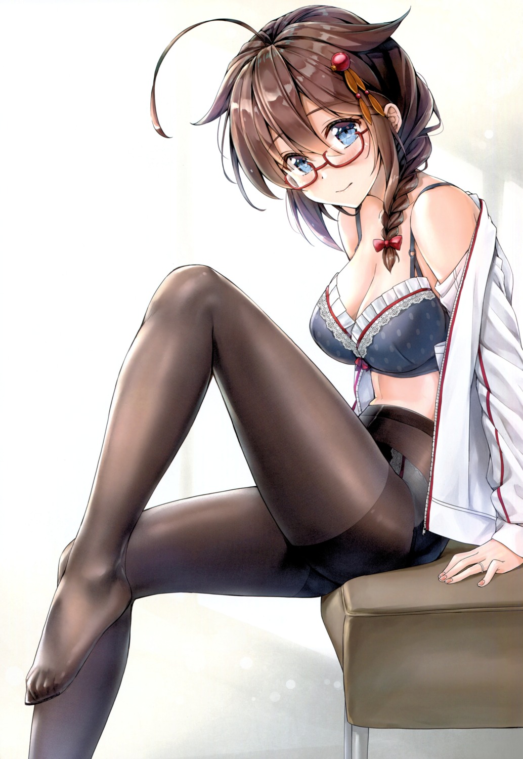 bra cleavage feet kantai_collection kotatsu_(kotatsu358) megane open_shirt pantsu pantyhose shigure_(kancolle)