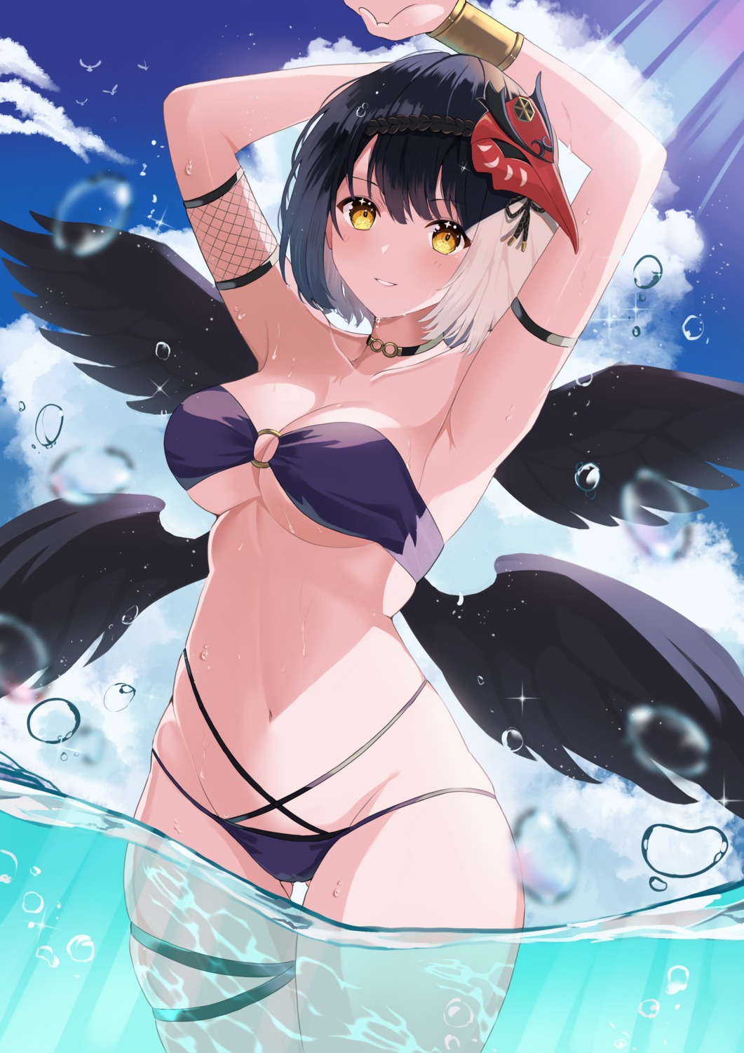 bikini cameltoe garter genshin_impact kujou_sara rererere_mon swimsuits wet wings