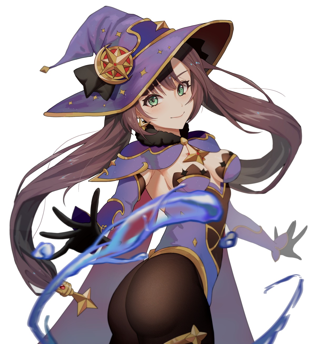 ass garter genshin_impact leotard mona_megistus neil_nim no_bra pantyhose witch