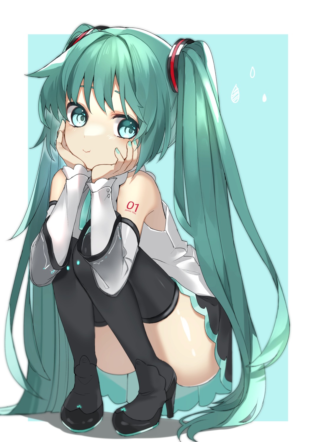 hatsune_miku heels reirou_(chokoonnpu) skirt_lift tattoo thighhighs vocaloid