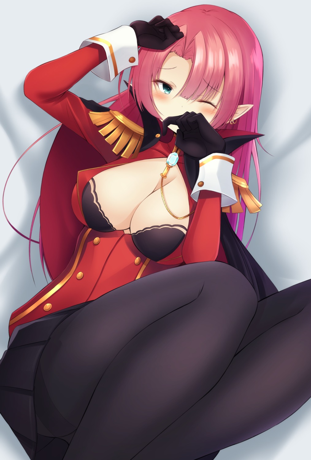 azur_lane bra cleavage doyachii duke_of_york_(azur_lane) open_shirt pantyhose pointy_ears uniform