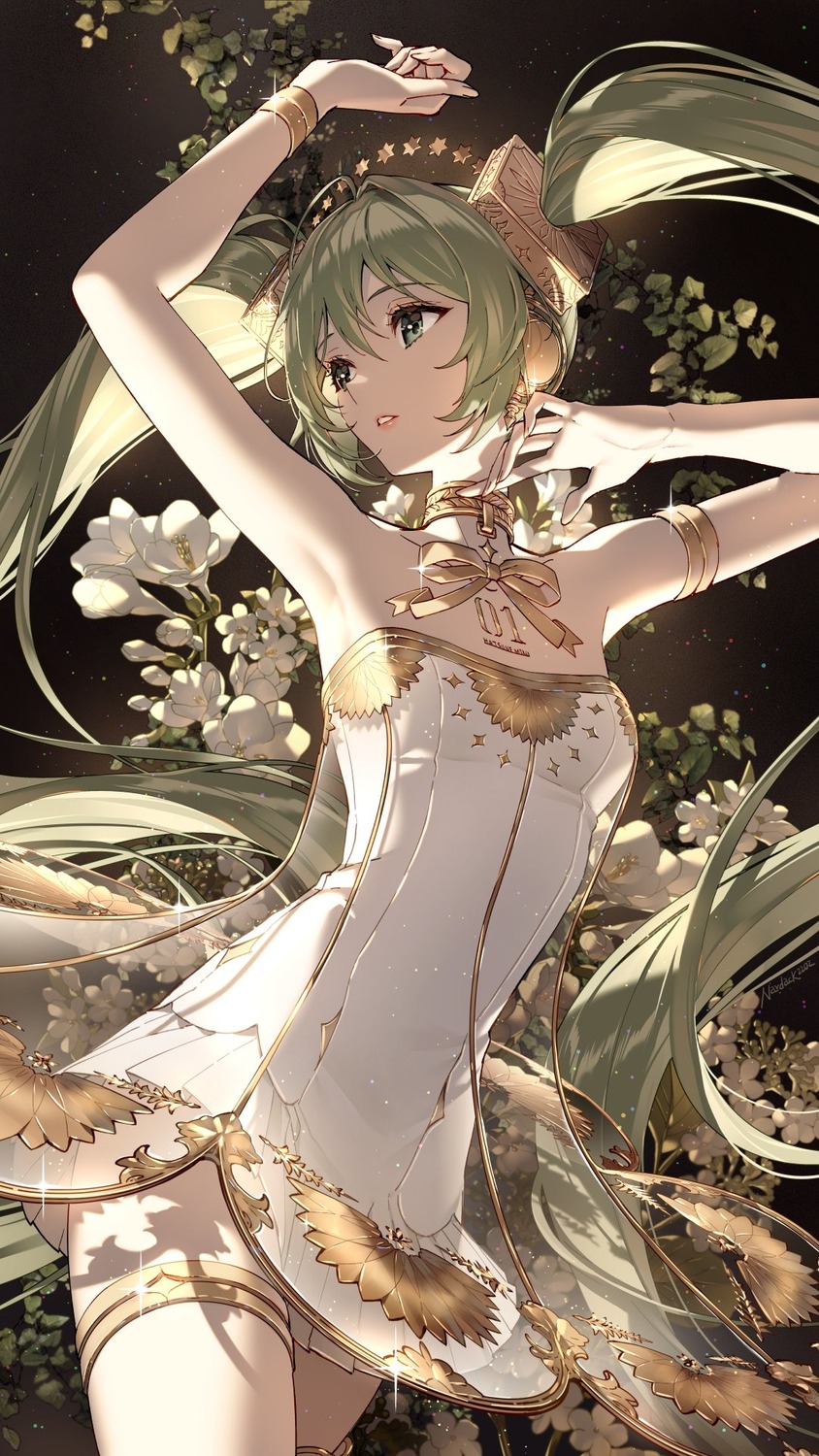 dress garter gramophone_miku hatsune_miku hatsune_miku_symphony headphones nardack no_bra see_through tattoo vocaloid