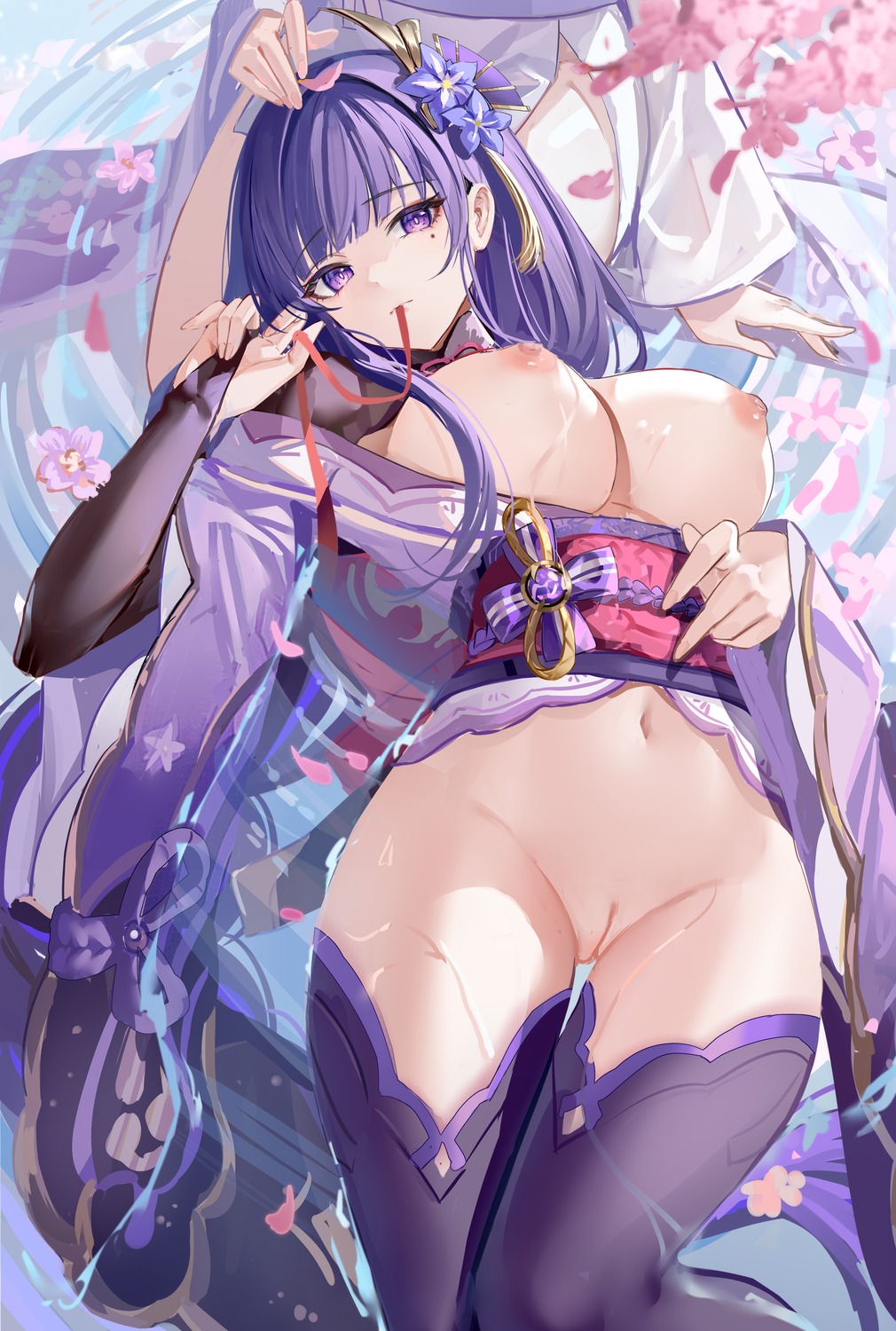 bottomless breasts genshin_impact japanese_clothes nipples no_bra open_shirt pussy raiden_shogun thighhighs uncensored wenbugu