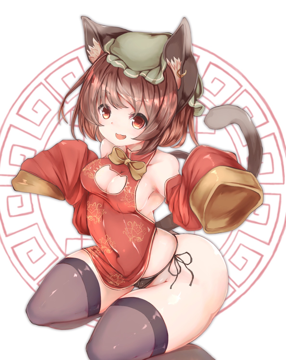 animal_ears cameltoe chen chinadress nekomimi no_bra pantsu skirt_lift sleeping_ear string_panties tail thighhighs touhou