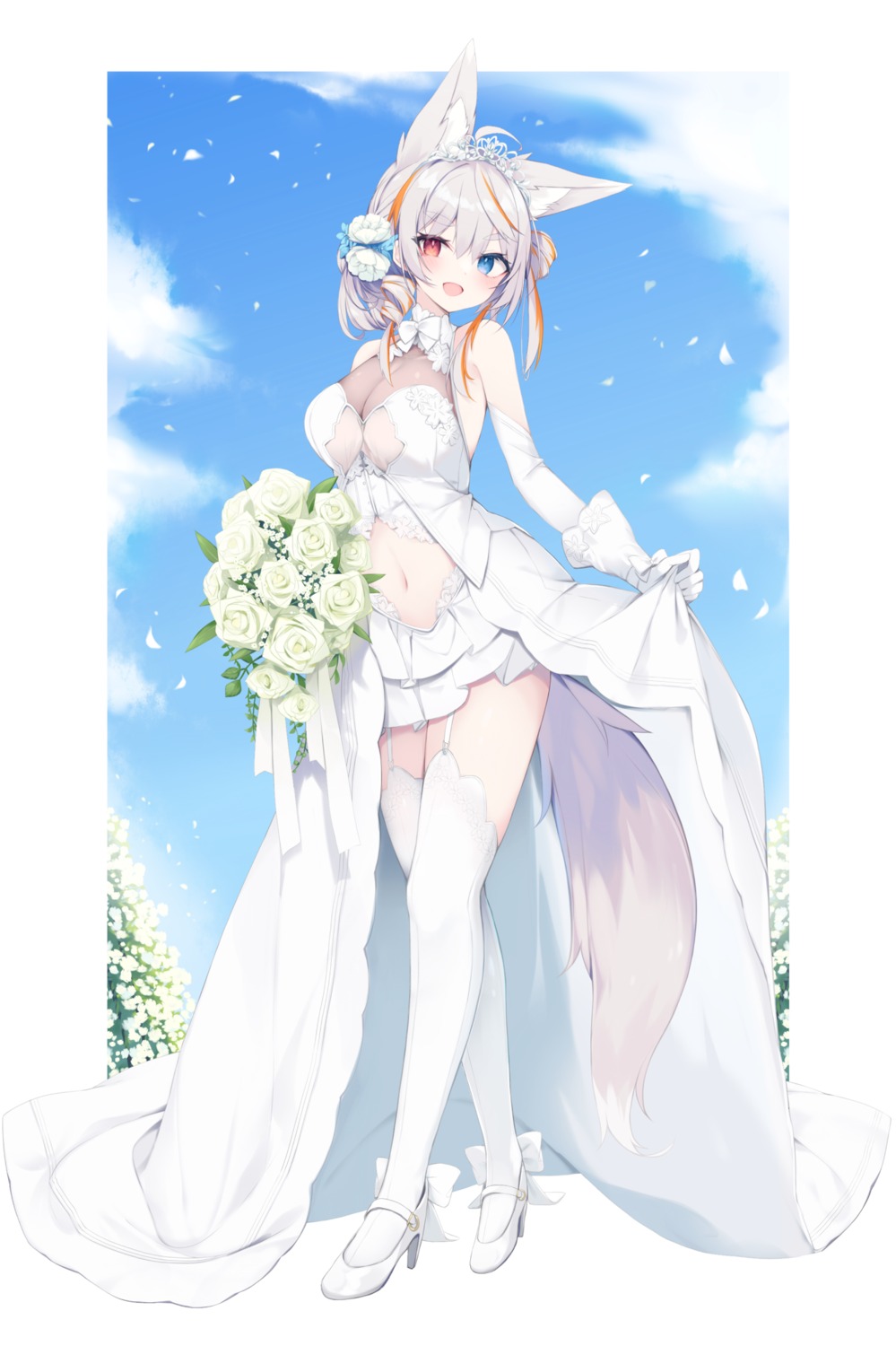 animal_ears dress heels heterochromia nibiiro_shizuka no_bra see_through skirt_lift stockings tail thighhighs wedding_dress