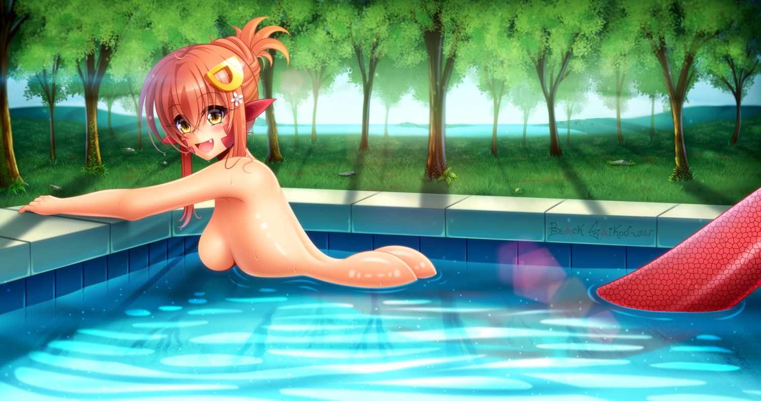 ass blacksaikou miia_(monster_musume) monster_girl monster_musume_no_iru_nichijou naked pointy_ears tail wet