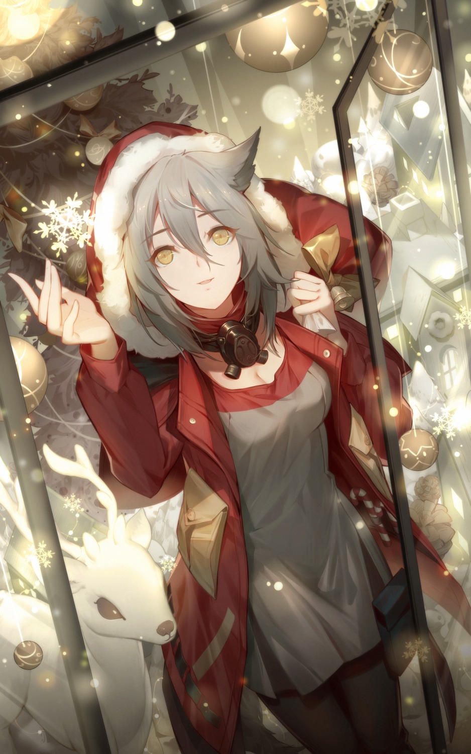 animal_ears arknights artist_revision christmas cleavage dress emurina pantyhose projekt_red_(arknights) tail
