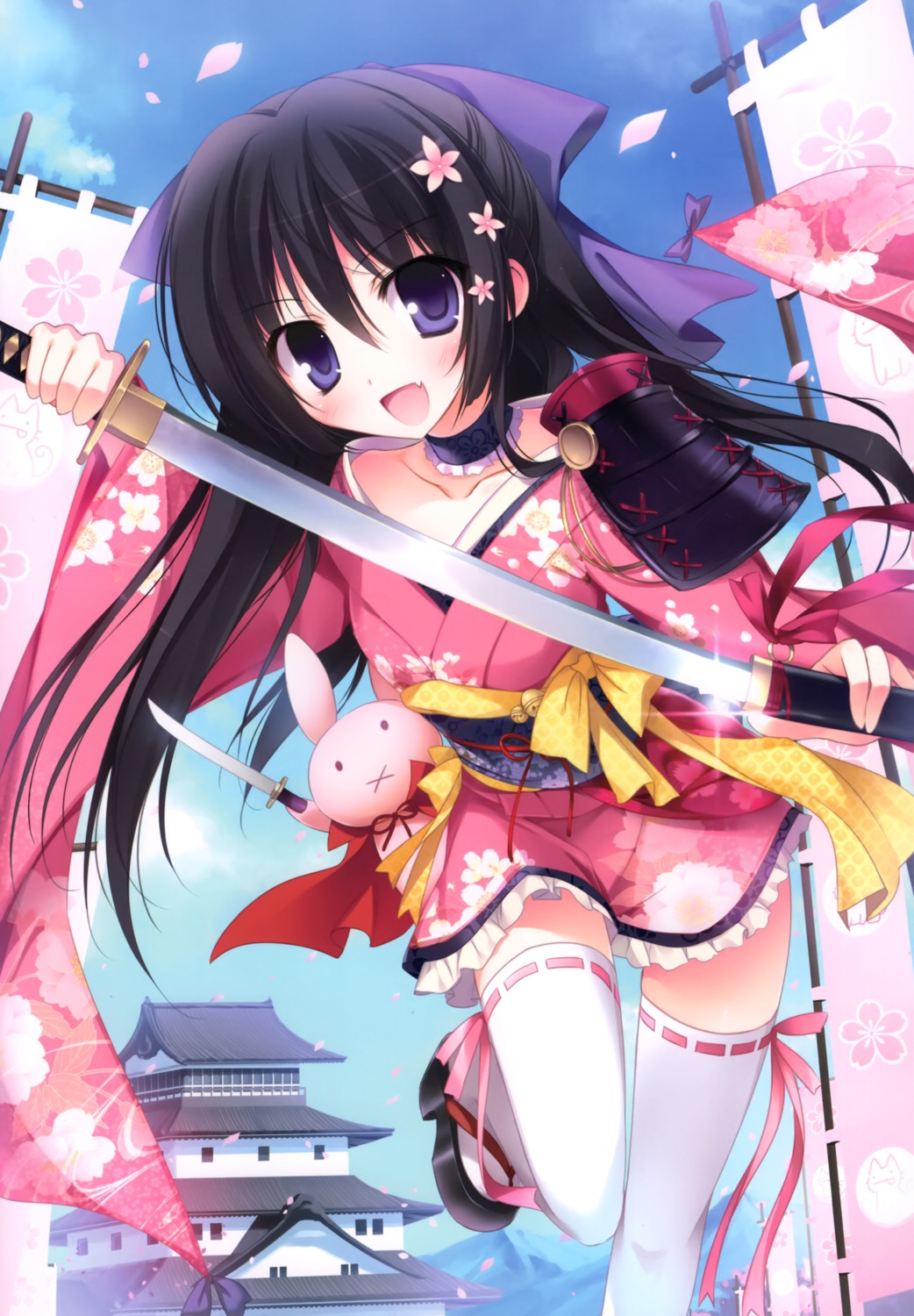 armor japanese_clothes karory no_bra open_shirt sword thighhighs