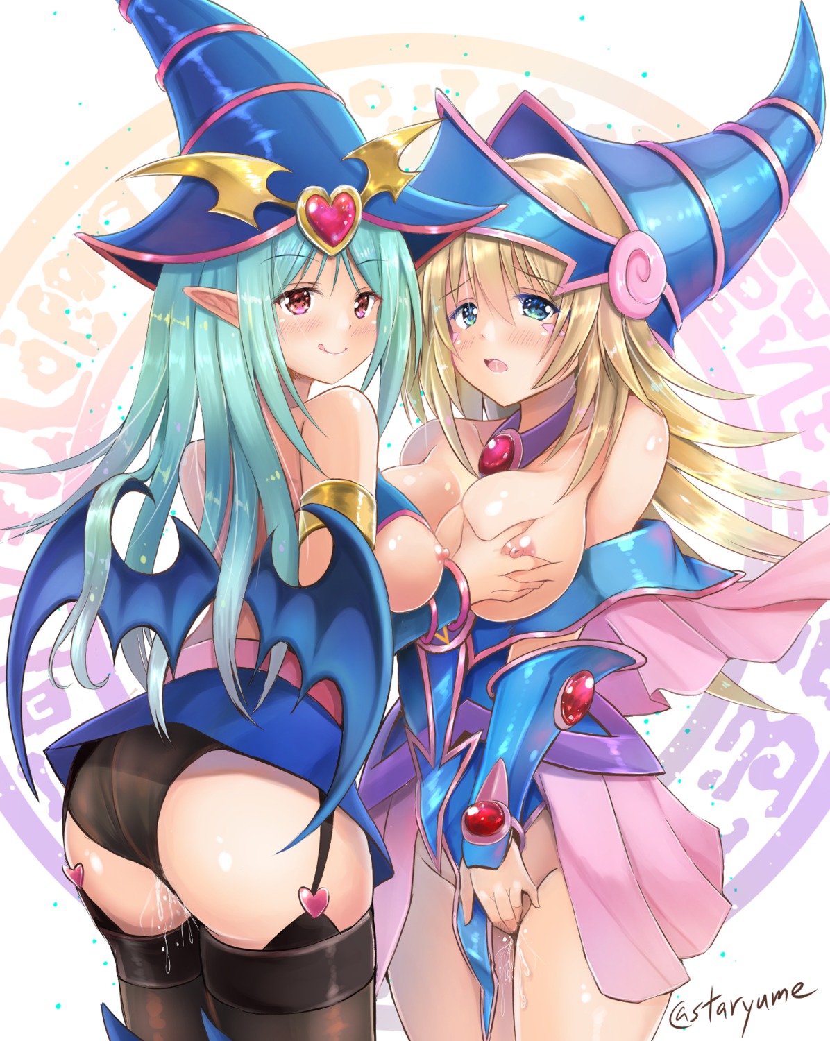 armor ass breast_grab breasts chocolate_magician_girl dark_magician_girl masturbation nipples no_bra nopan pantsu pointy_ears pussy_juice stockings suzuta_yume thighhighs wings yugioh yuri