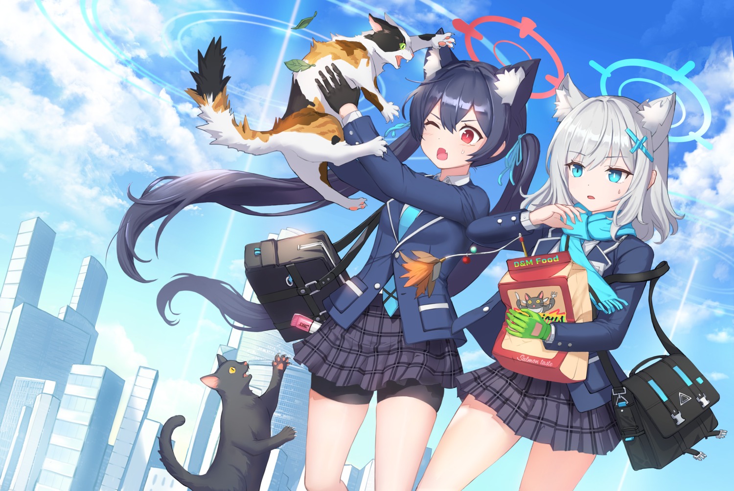 animal_ears bike_shorts blue_archive caracal_(artist) halo kuromi_serika neko nekomimi seifuku sunaookami_shiroko