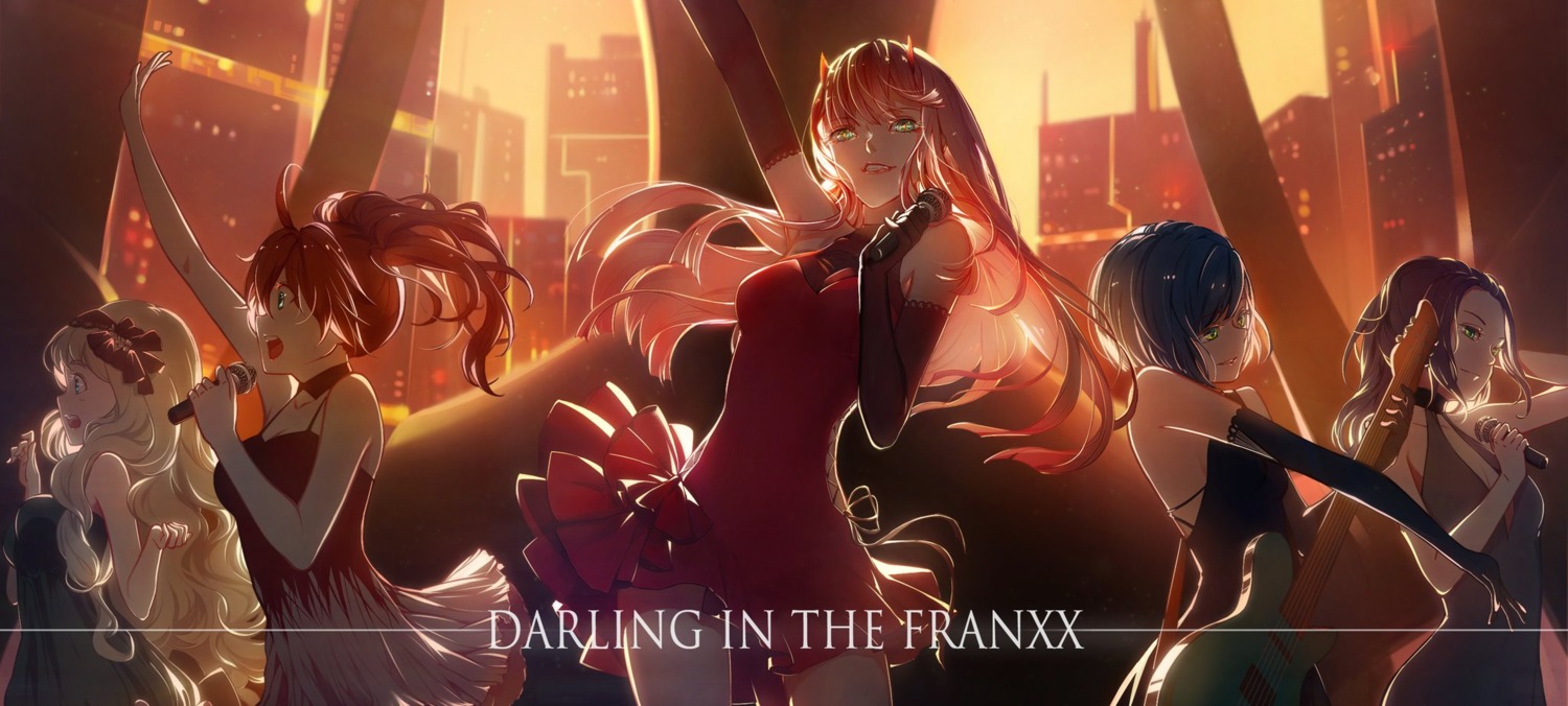 chenaze57 cleavage darling_in_the_franxx dress guitar horns ichigo_(darling_in_the_franxx) ikuno_(darling_in_the_franxx) kokoro_(darling_in_the_franxx) miku_(darling_in_the_franxx) zero_two_(darling_in_the_franxx)