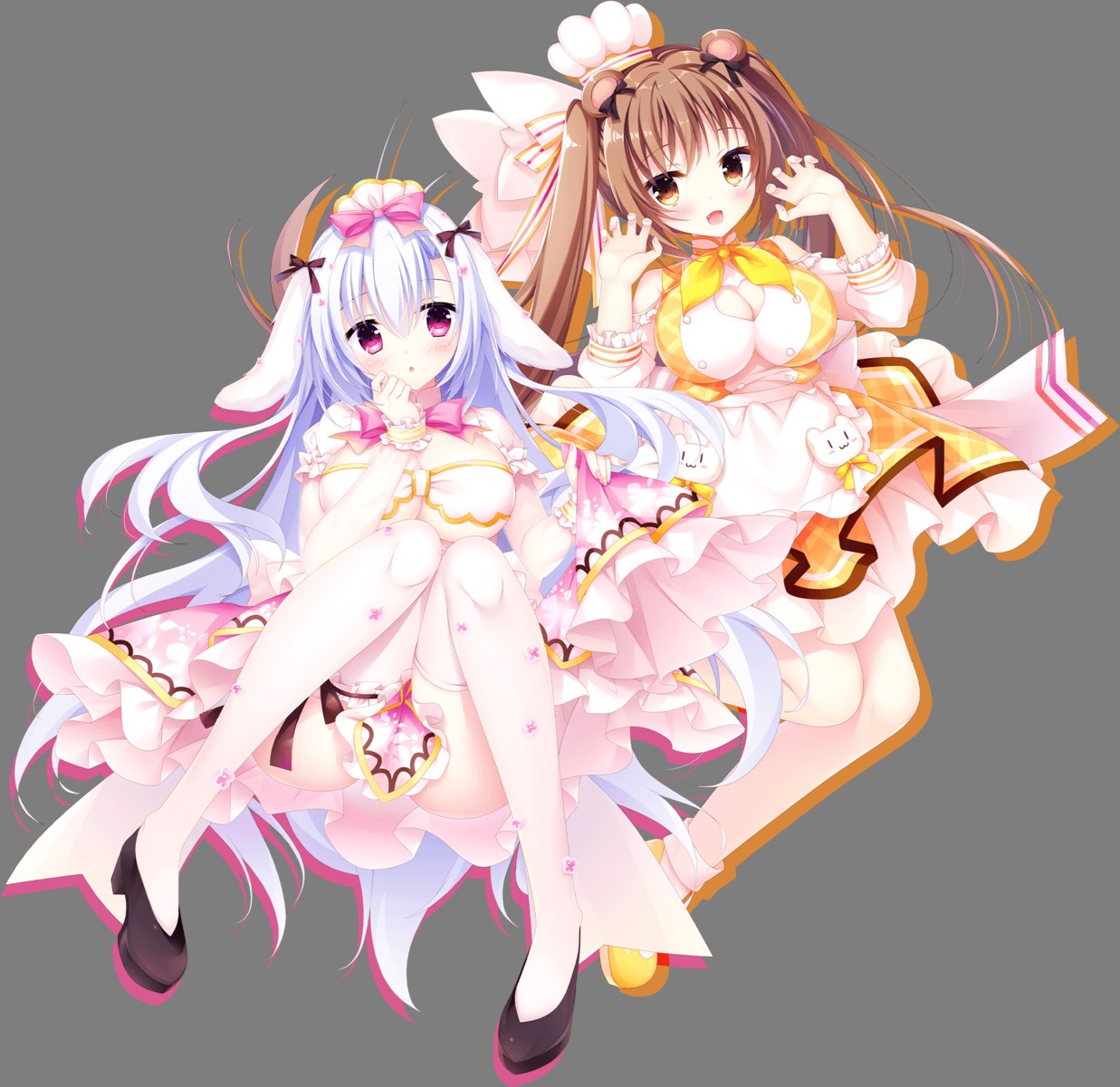 animal_ears bunny_ears dress garter heels kemonomichi_☆_girlish_square morino_kumi no_bra shiromochi_sakura skirt_lift thighhighs transparent_png uzuki_shirayuki whirlpool