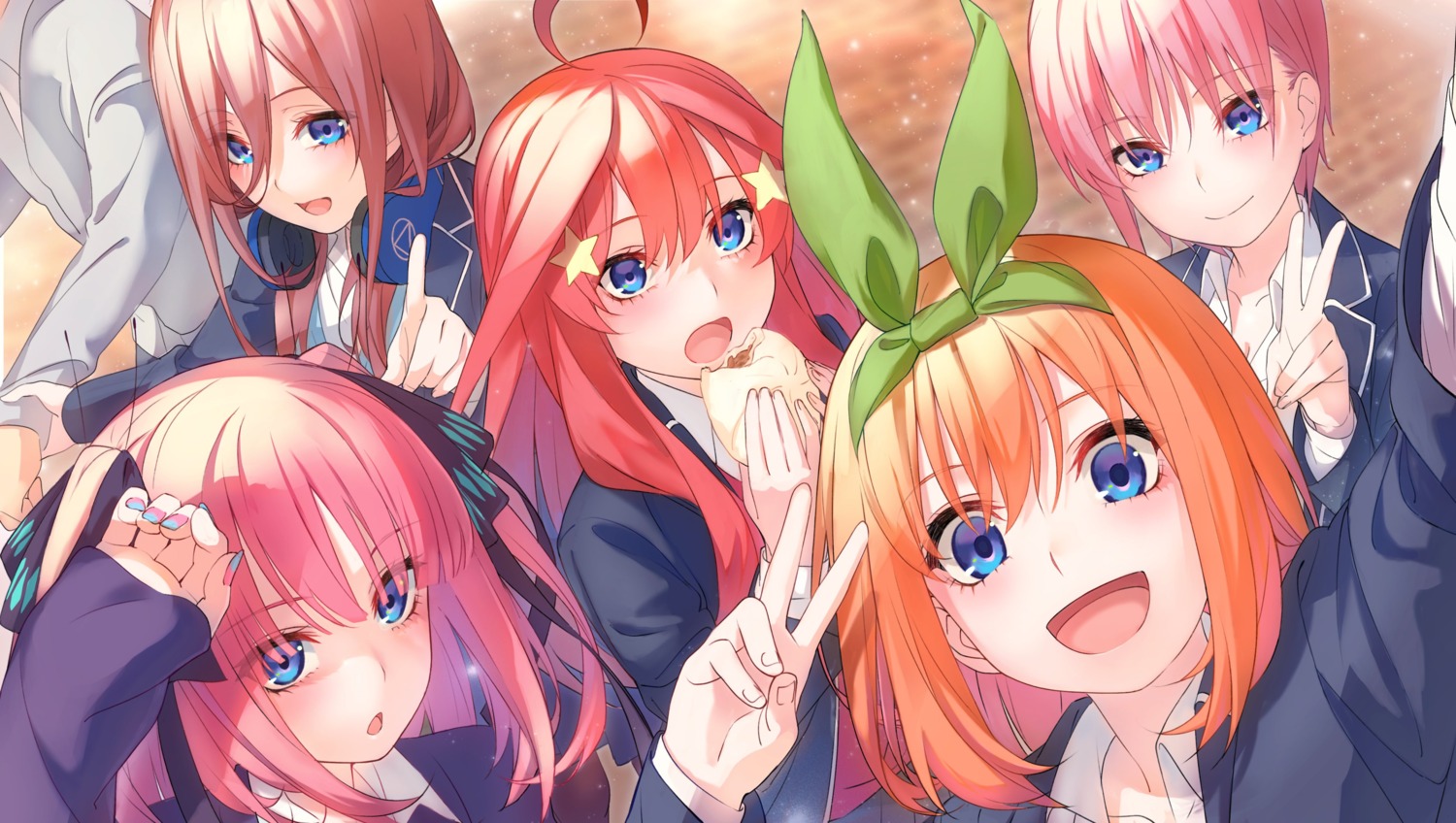 5-toubun_no_hanayome ganko_chan! headphones nakano_ichika nakano_itsuki nakano_miku nakano_nino nakano_yotsuba seifuku sweater uesugi_fuutarou