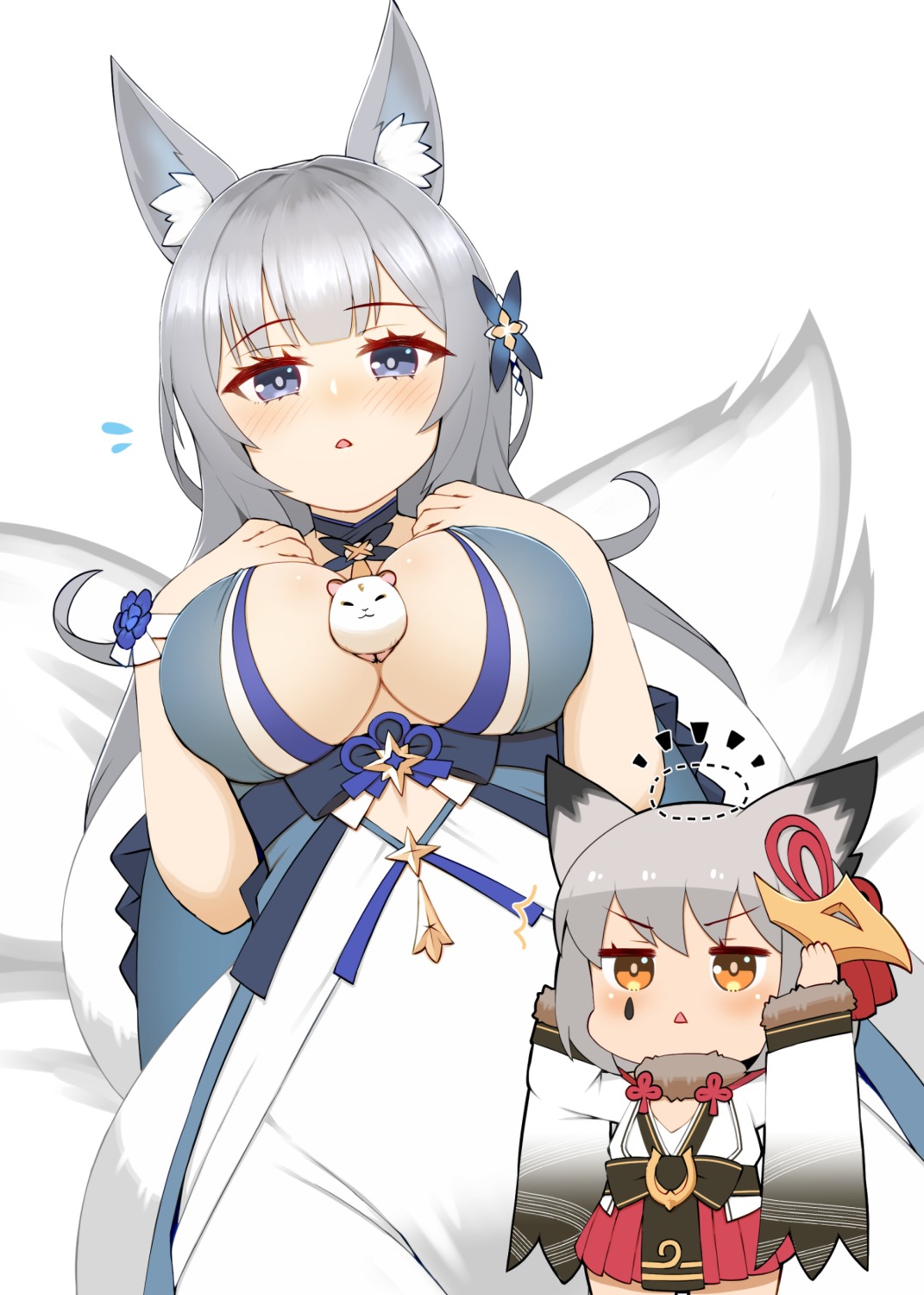 animal_ears azur_lane cap105 chibi japanese_clothes kitsune no_bra shinano_(azur_lane) suzutsuki_(azur_lane) tail