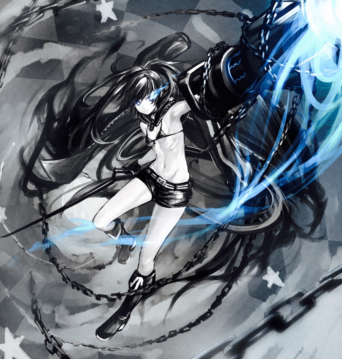 bikini_top black_rock_shooter black_rock_shooter_(character) cleavage dio_uryyy gun swimsuits sword underboob