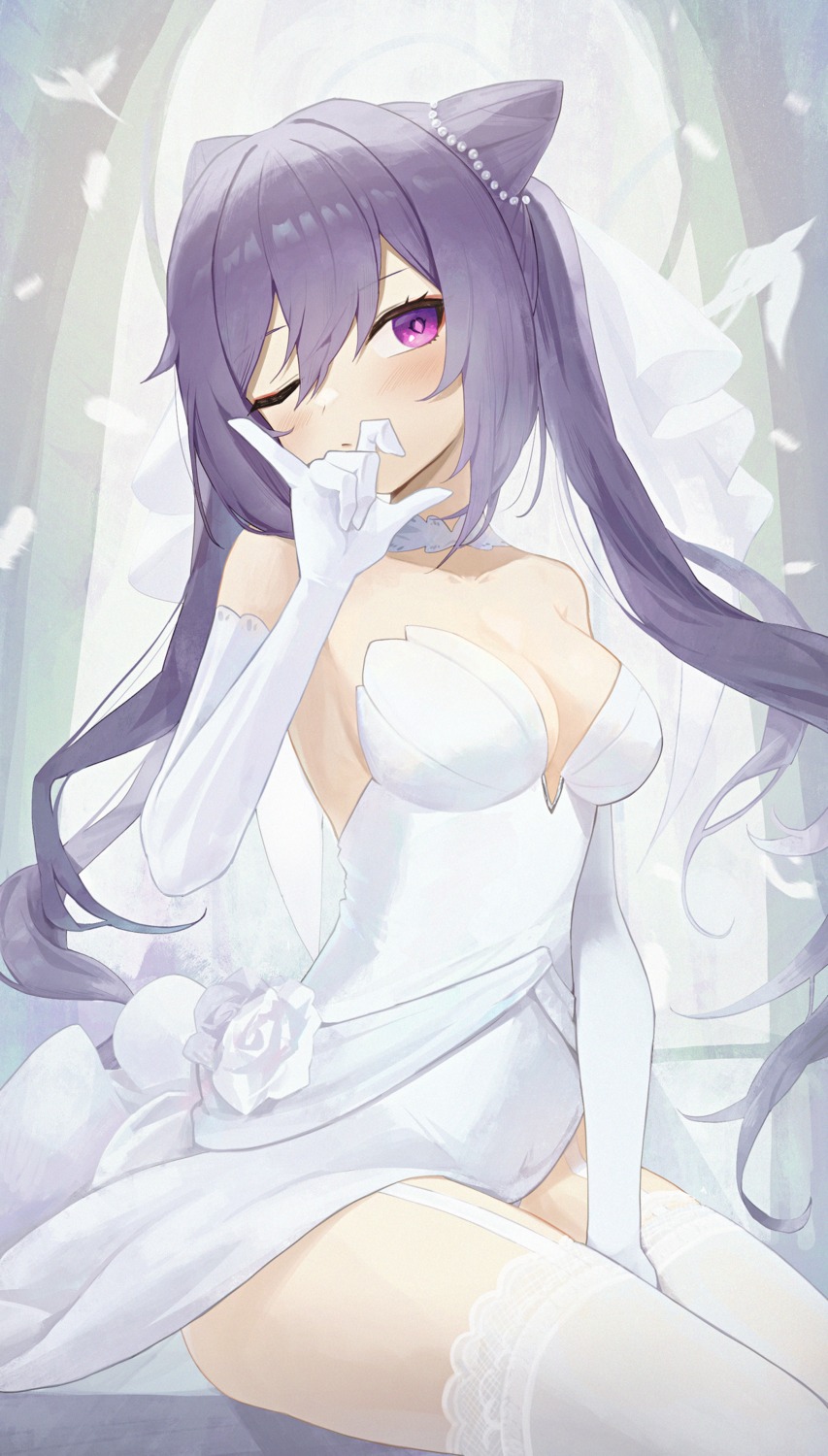 dress genshin_impact keqing no_bra pellas_(panix2383) stockings thighhighs wedding_dress