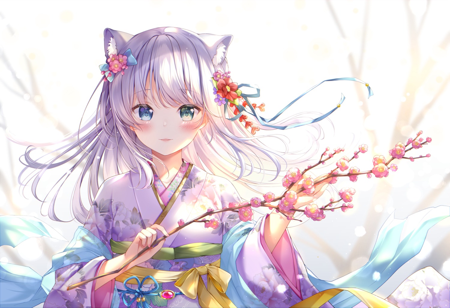 animal_ears heterochromia kimono nekomimi sakura_moyon