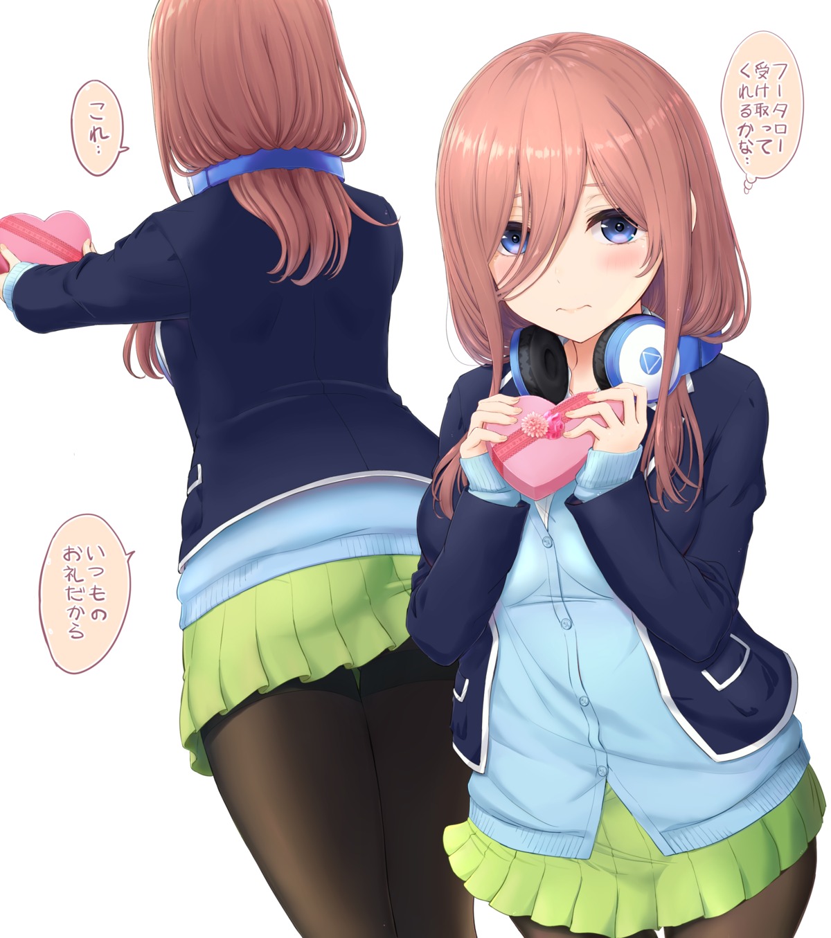 5-toubun_no_hanayome breast_hold headphones inanaki_shiki nakano_miku pantyhose seifuku sweater