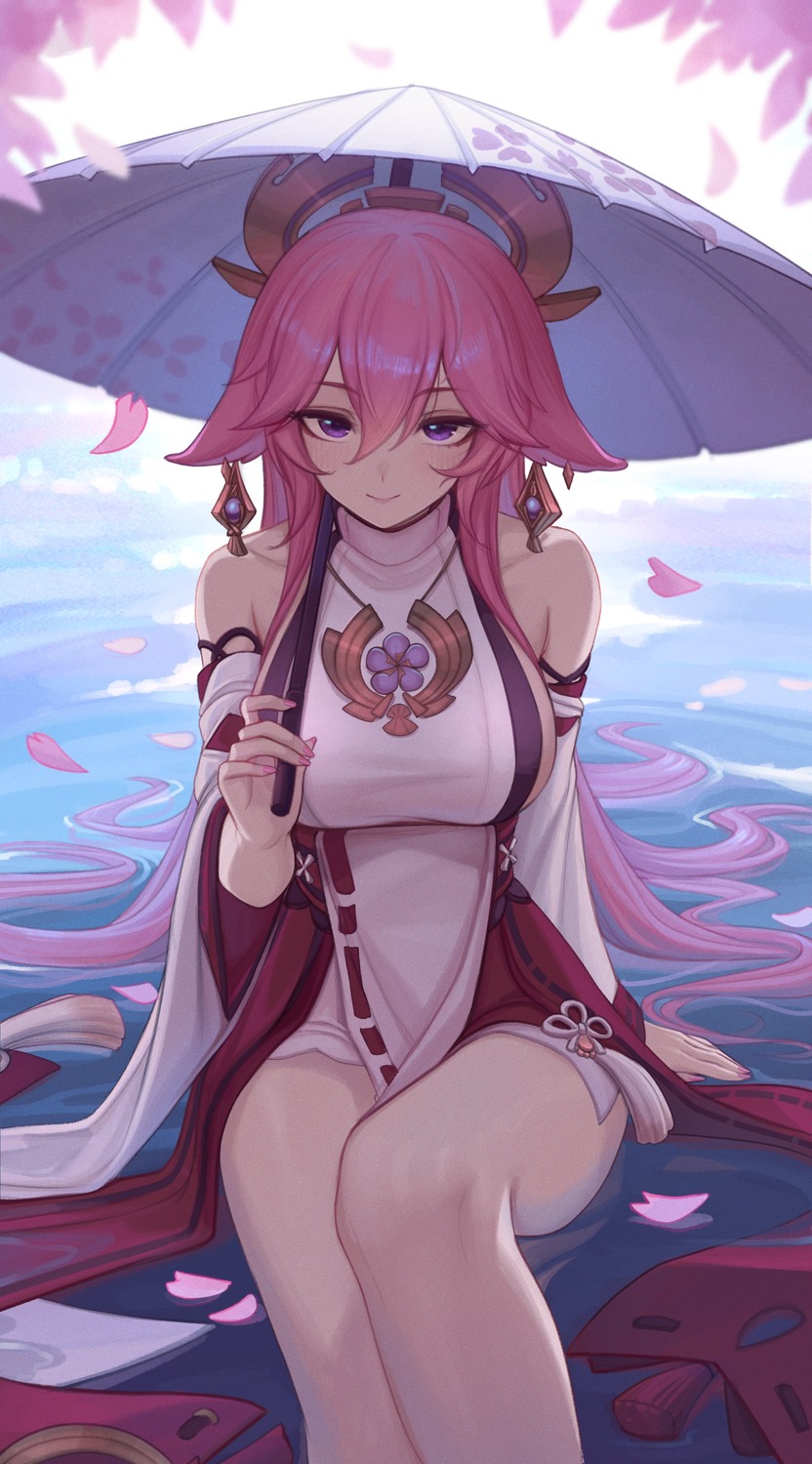 animal_ears genshin_impact japanese_clothes kitsune shellvi umbrella wet yae_miko