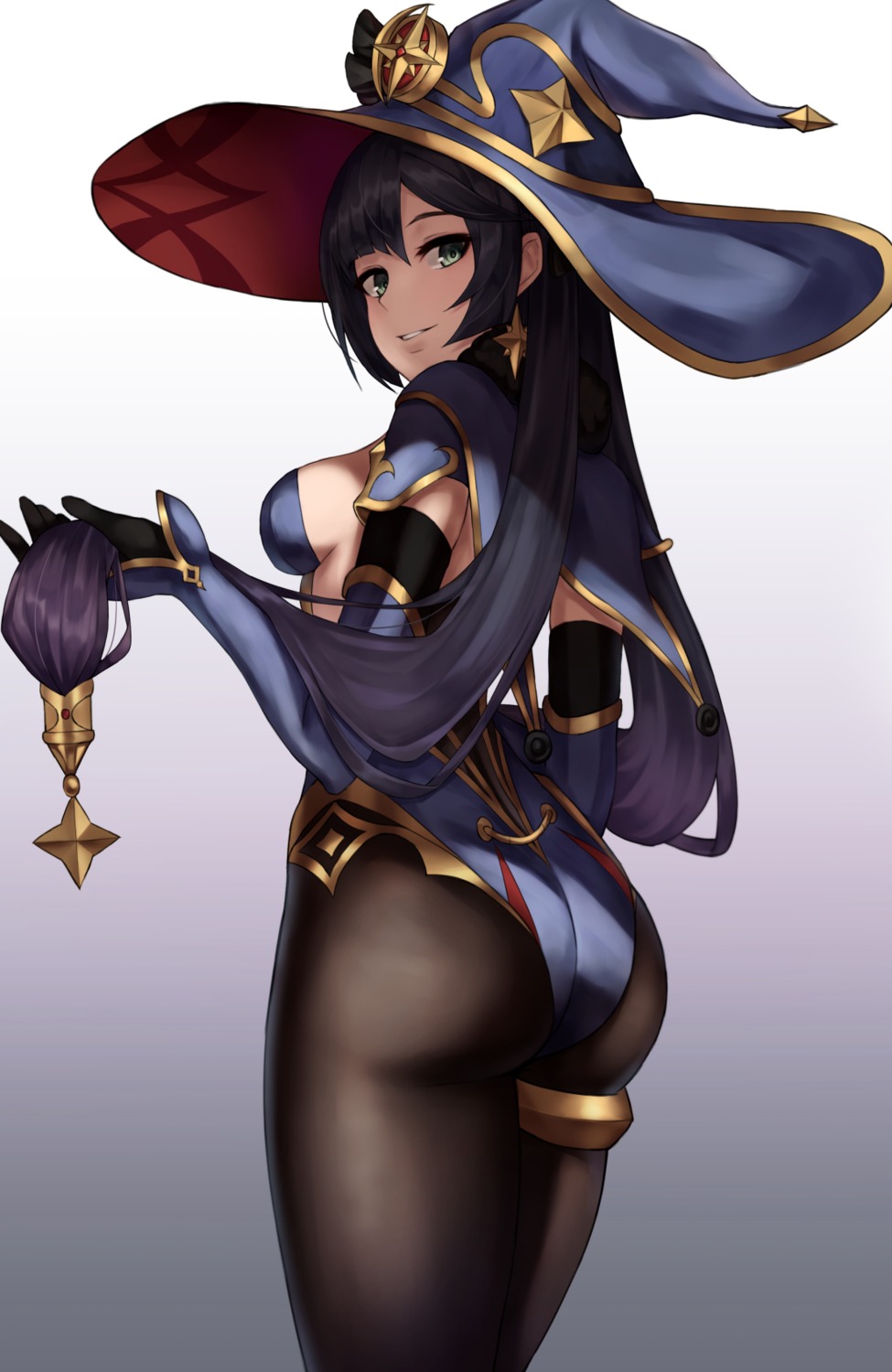 angdo_(kakajo26) ass garter genshin_impact leotard mona_megistus no_bra pantyhose witch