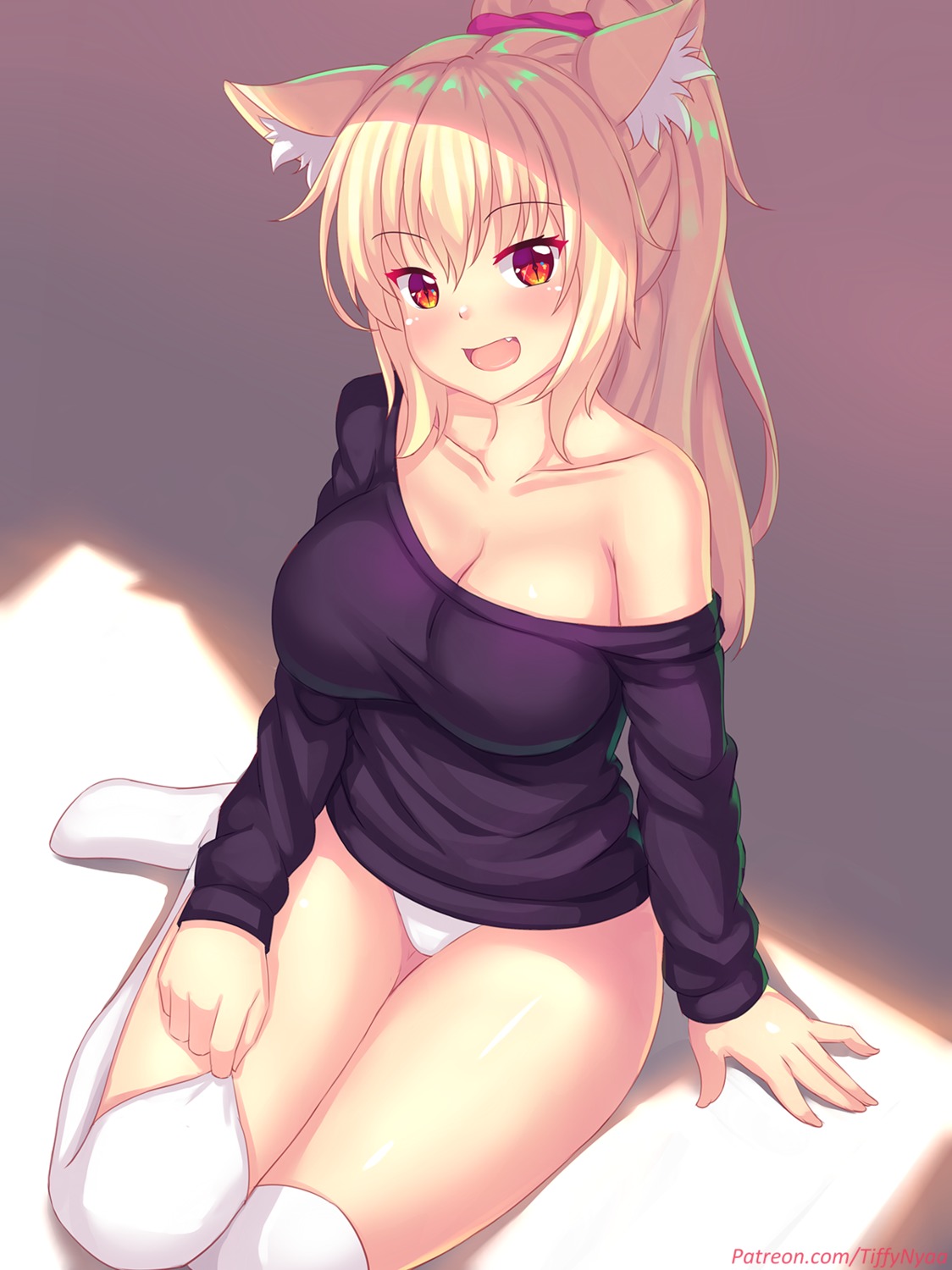 animal_ears cleavage fast-runner-2024 no_bra pantsu sweater thighhighs tiffy