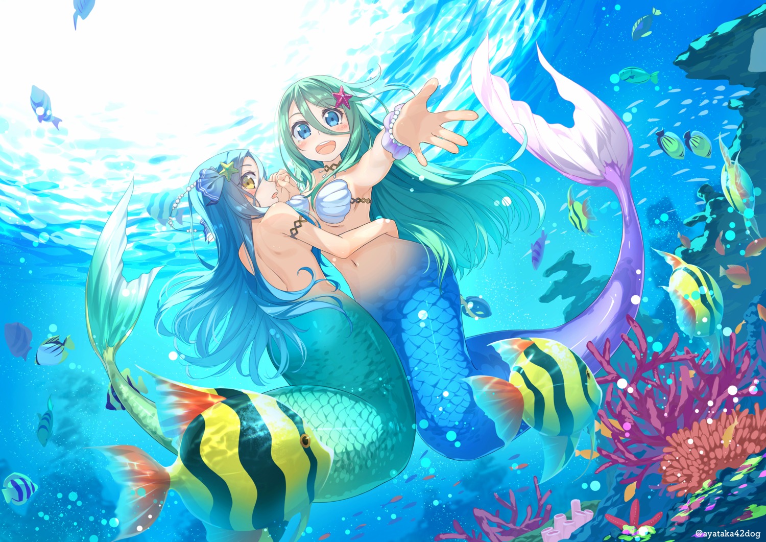 ayataka bikini_top mermaid monster_girl swimsuits tail topless