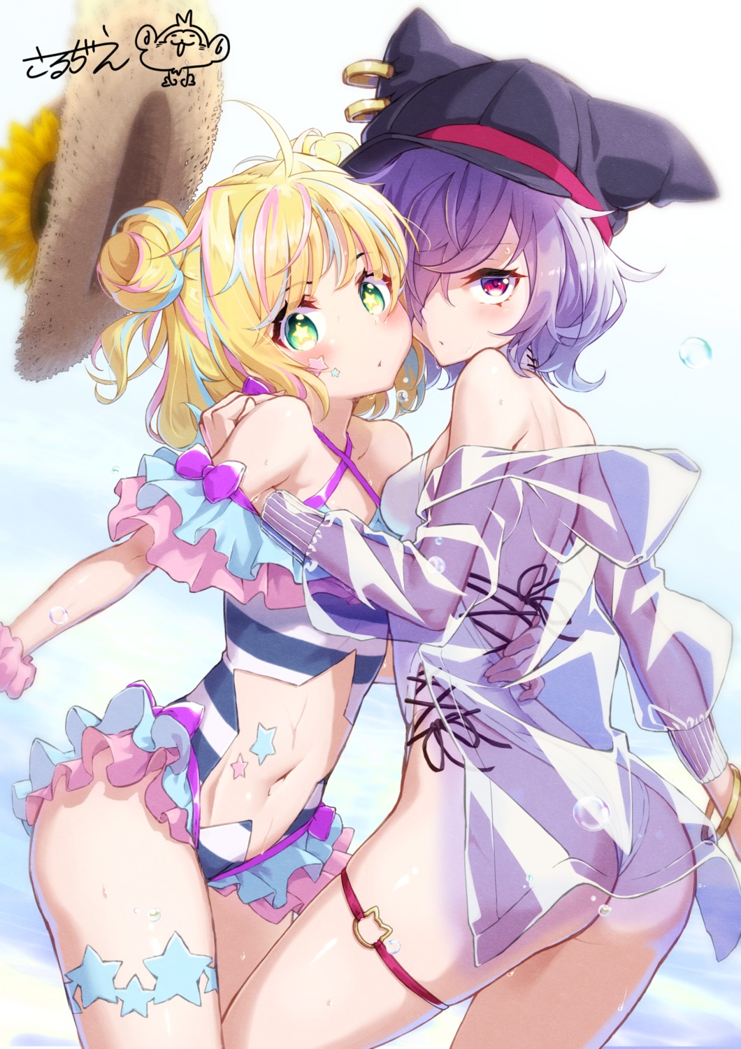 ass garter open_shirt sarujie_(broken_monky) see_through swimsuits thong yuri