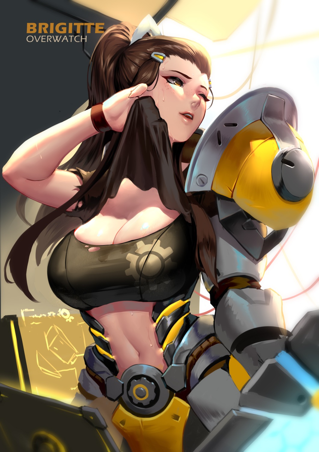 armor brigitte_(overwatch) cianyo cleavage overwatch shirt_lift torn_clothes