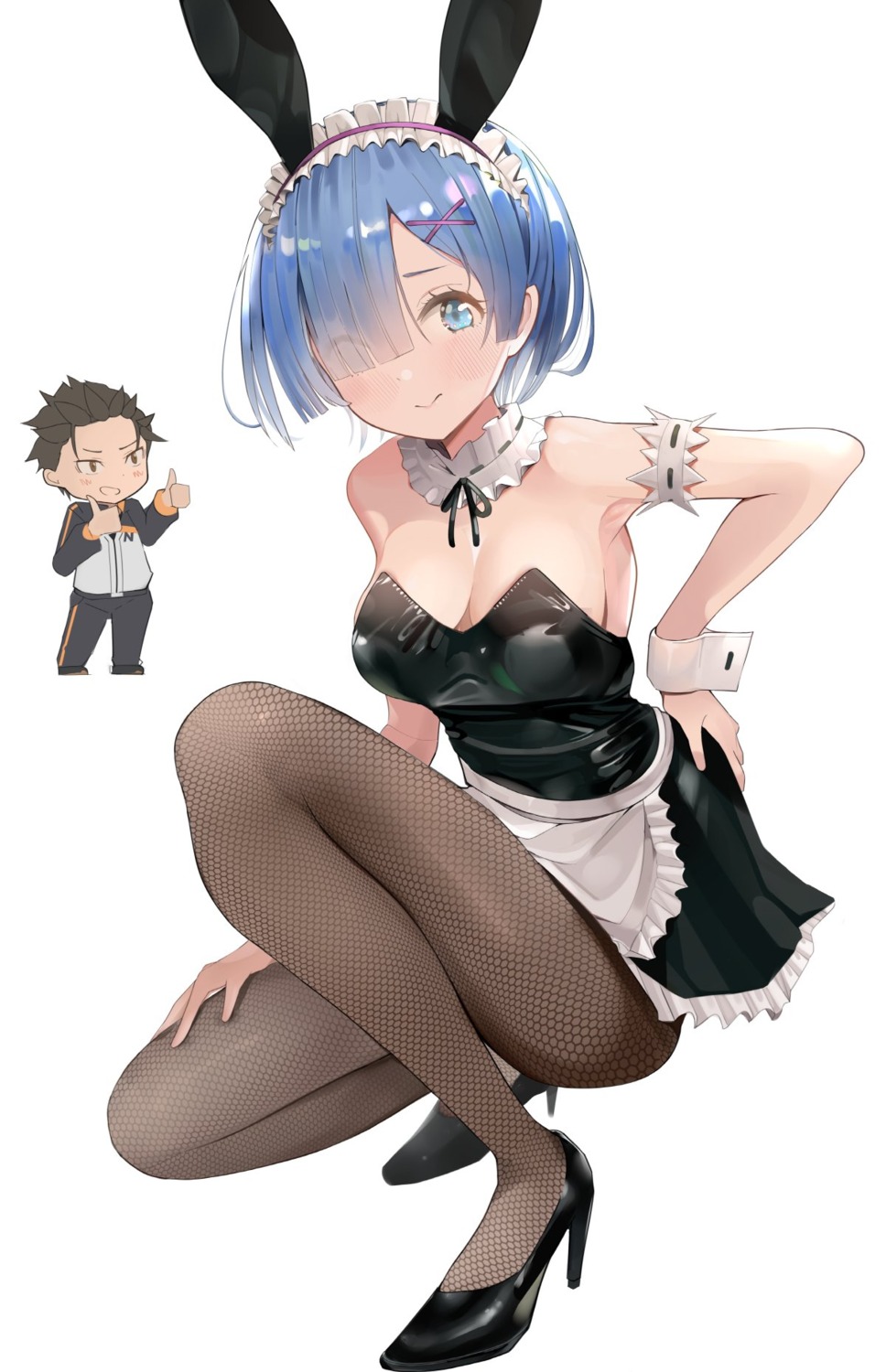 animal_ears bunny_ears bunny_girl chibi fishnets heels maid natsuki_subaru no_bra pantyhose pjkka re_zero_kara_hajimeru_isekai_seikatsu rem_(re_zero) skirt_lift