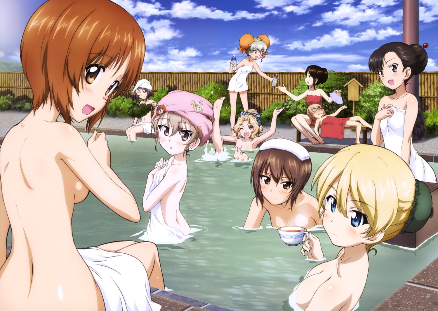 anchovy bandages bathing breast_hold darjeeling girls_und_panzer katyusha kay_(girls_und_panzer) loli mika_(girls_und_panzer) naked nishi_kinuyo nishizumi_maho nishizumi_miho nonna onsen shimada_arisu towel wet