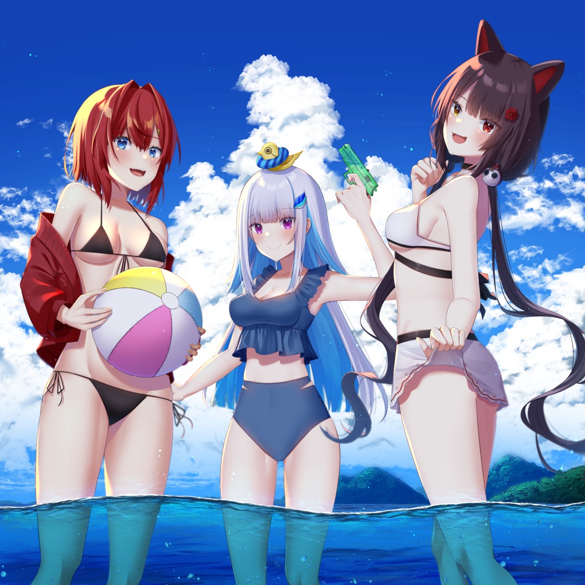 animal_ears bikini cleavage gun heterochromia inui_toko inumimi lize_helesta nijisanji open_shirt skirt_lift swimsuits wet yuteke_key