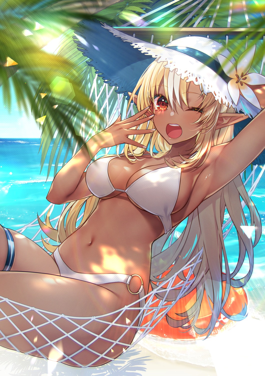 bikini elf garter hololive kitazume_kumie pointy_ears shiranui_flare swimsuits