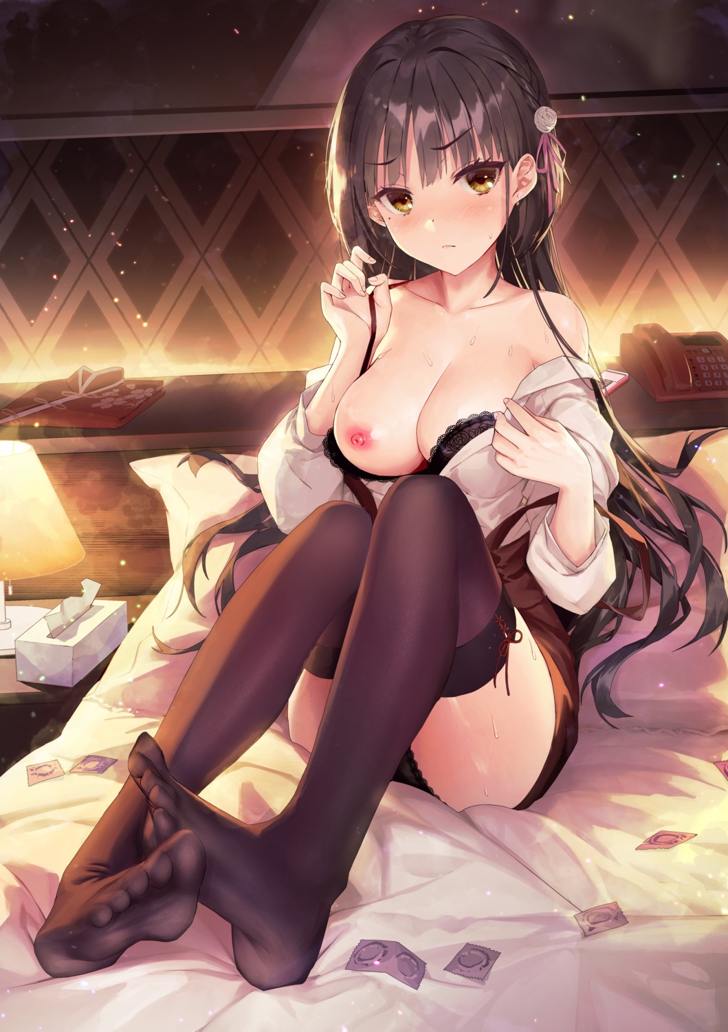 bra breasts cafe_stella_to_shinigami_no_chou dress_shirt feet haku89 nipples open_shirt pantsu shiki_natsume skirt_lift thighhighs undressing wet