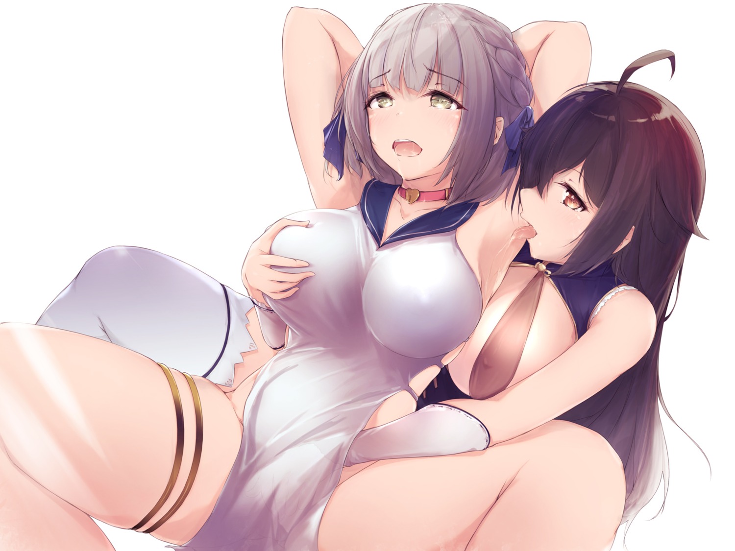 breast_grab chinadress dermar erect_nipples fingering garter no_bra nopan see_through seika_kairaku_shoten thighhighs yuri