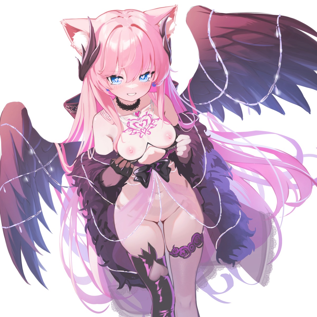 animal_ears bottomless breasts garter indie_virtual_youtuber nekomimi nipples no_bra sakurada_hane tattoo thighhighs wings xintianou