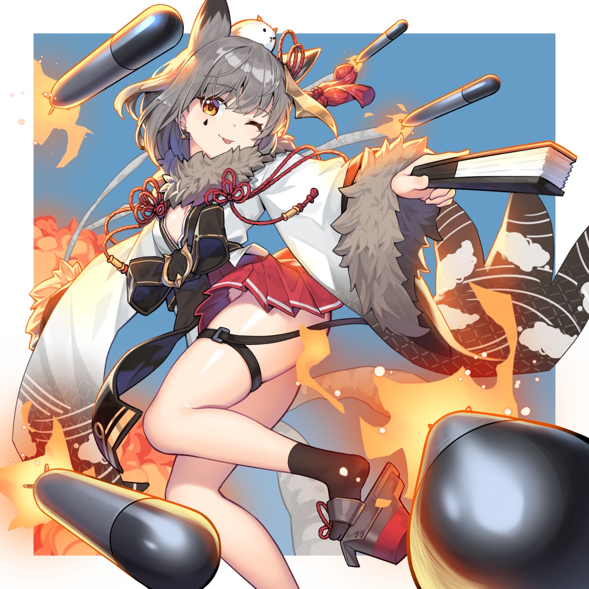 animal_ears azur_lane garter japanese_clothes lim_jaejin no_bra open_shirt skirt_lift suzutsuki_(azur_lane)