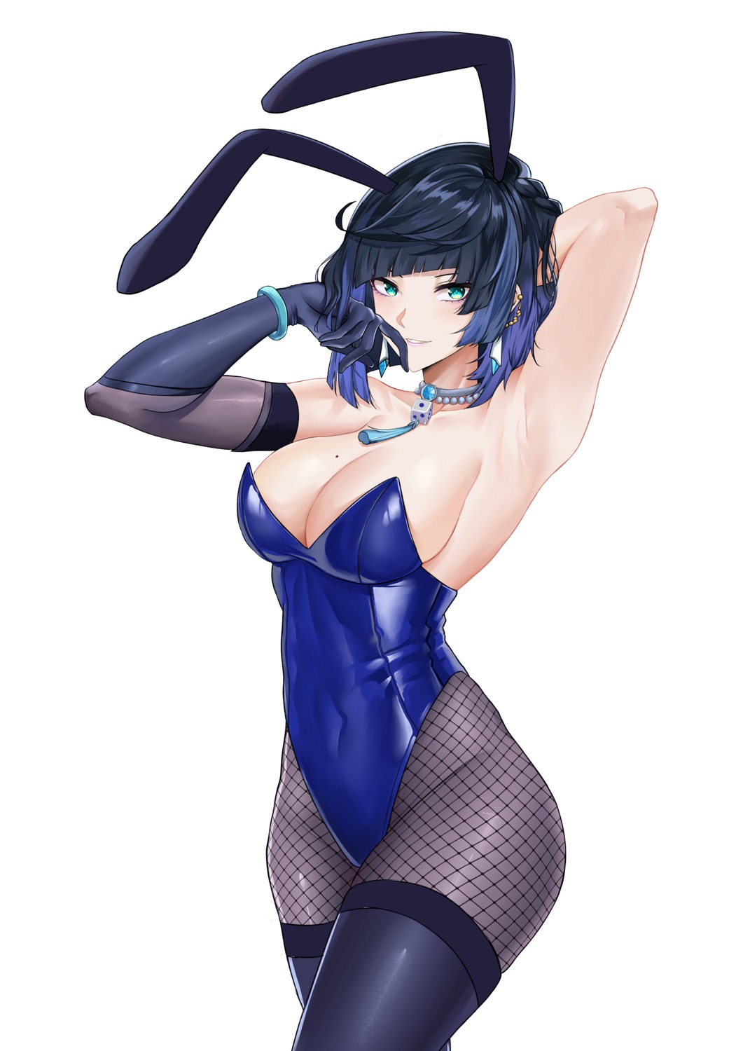 animal_ears bunny_ears bunny_girl deroo fishnets genshin_impact no_bra pantyhose thighhighs yelan