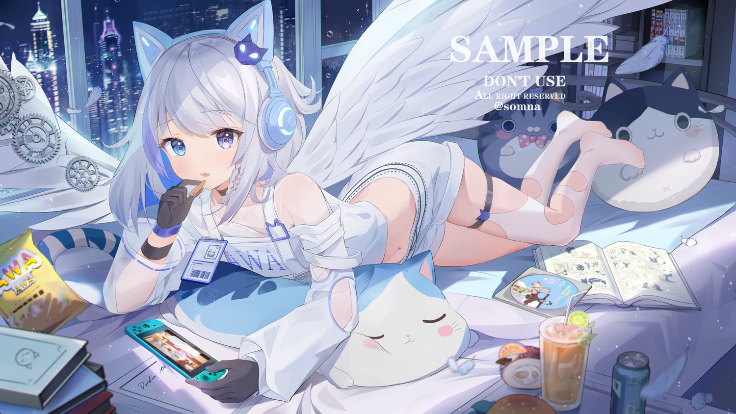 animal_ears garter headphones sample somna stockings thighhighs torn_clothes wings