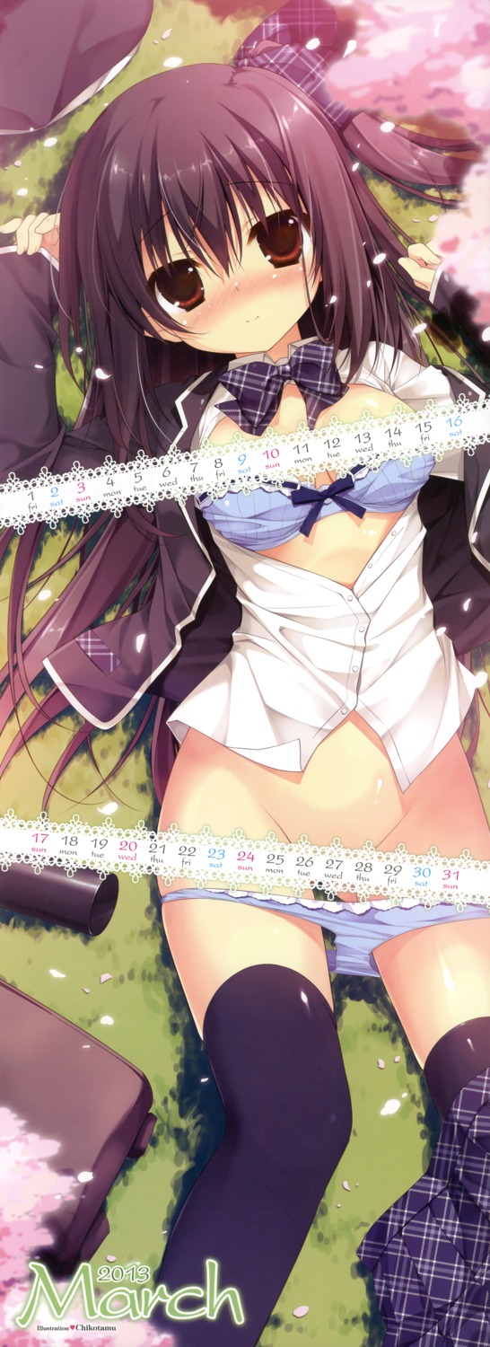 bra calendar chikotam open_shirt panty_pull seifuku stick_poster thighhighs