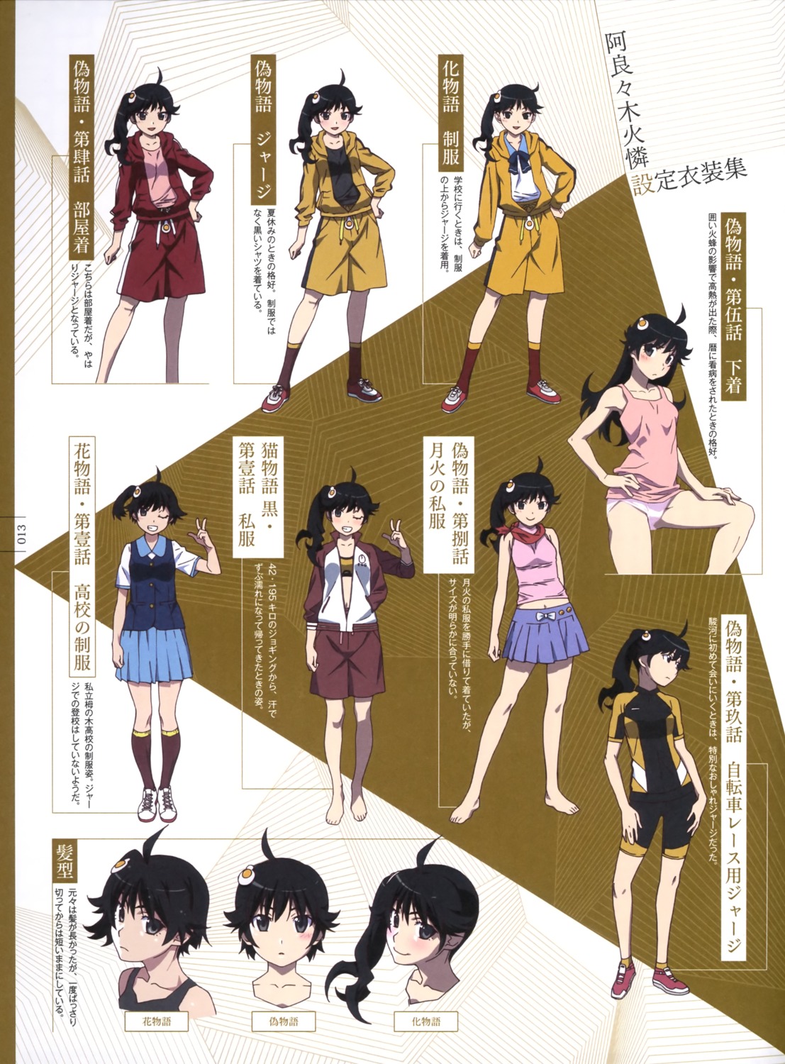 araragi_karen bakemonogatari bike_shorts character_design monogatari_(series) open_shirt pantsu seifuku