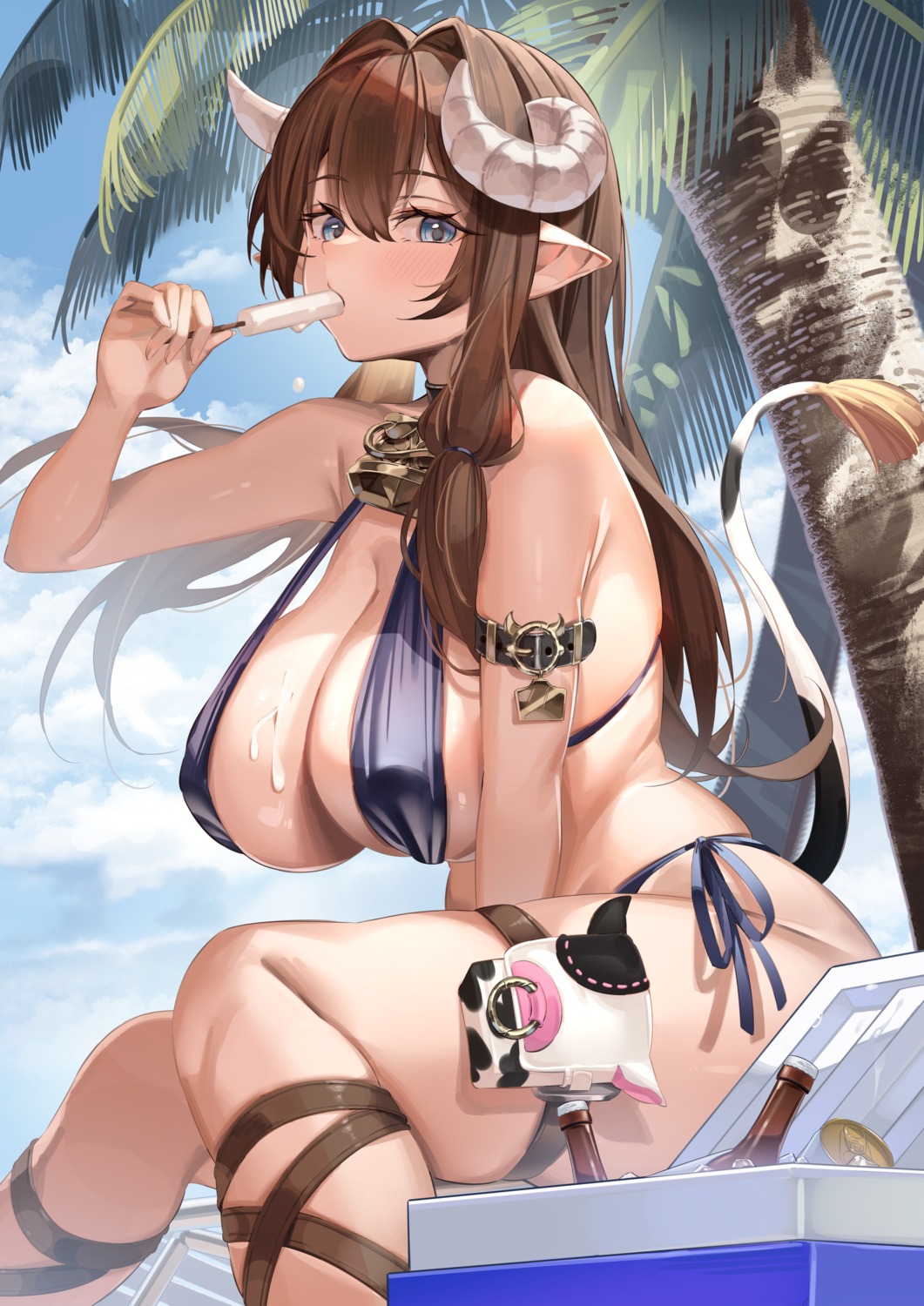 animal_ears bikini cream erect_nipples garter horns pointy_ears sg_(satoumogumogu) swimsuits tail ushimitsu_toki_(sg)