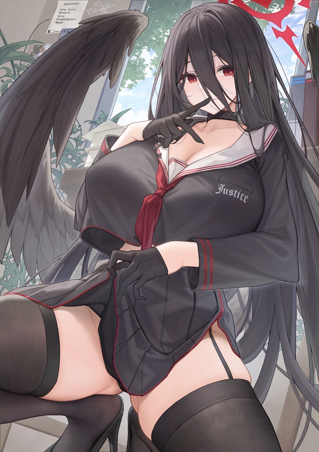 angel blue_archive cleavage hanekawa_hasumi heels seifuku skirt_lift stockings thighhighs wings youxuemingdie